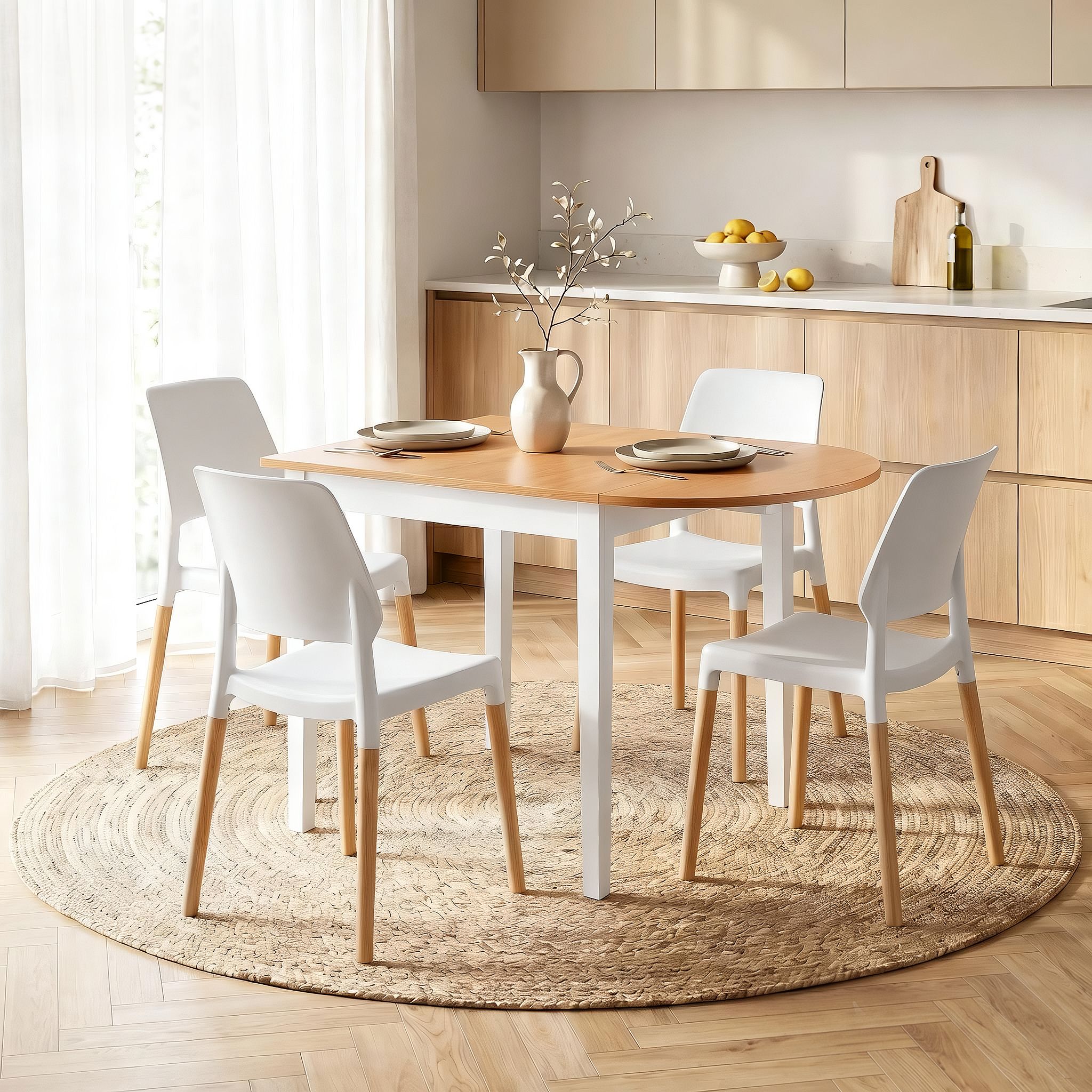 Artiss Dining Table and Chairs Set 5PCS, 75-110cm Drop-Leaf Table, with 4 Dining Chairs White Wooden, 4 Seater Dining Table Set for Kitchen, Apartment, Café - Image 8