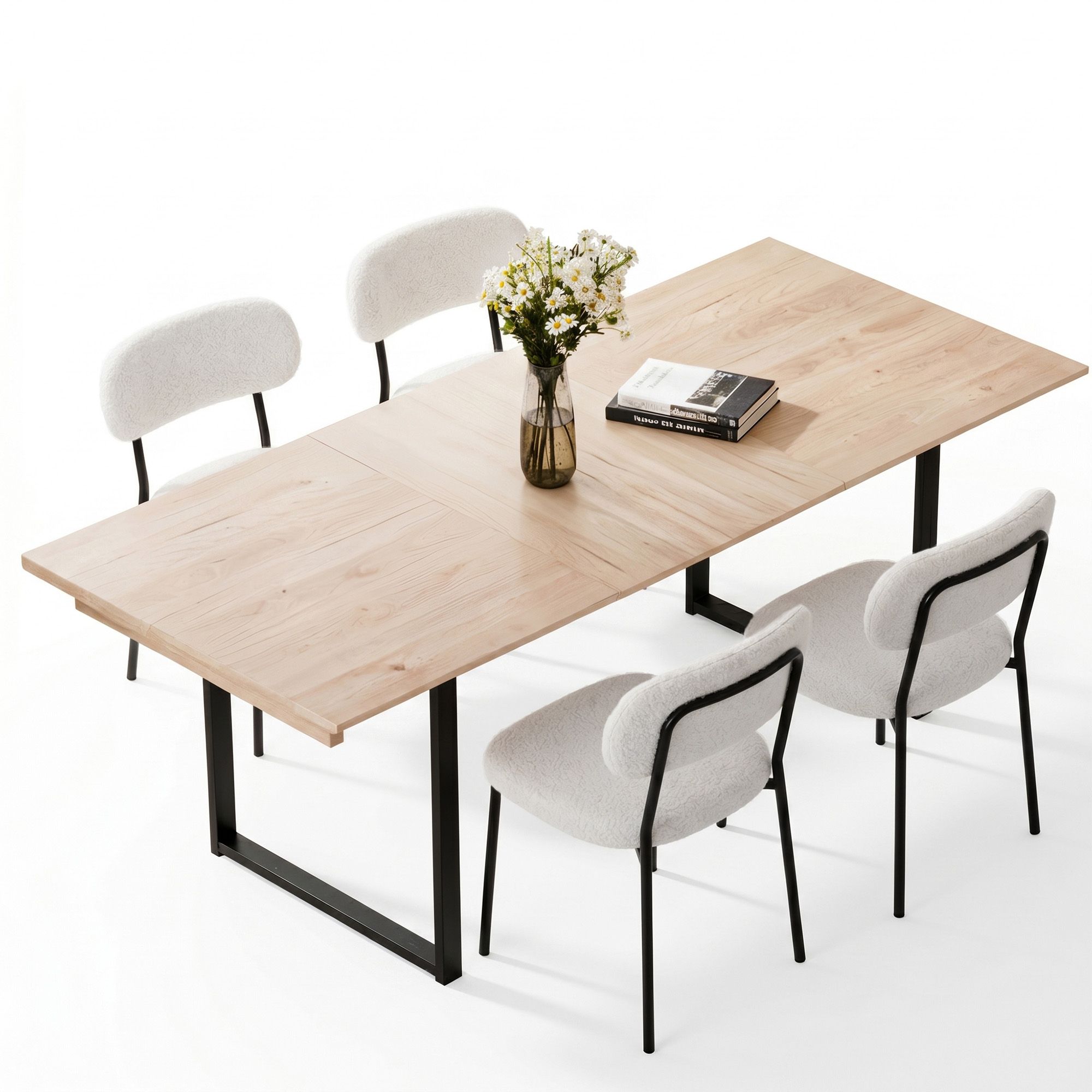 Artiss 200cm Extendable Dining Table Set with 4x Dining Chairs Sherpa White - Image 1
