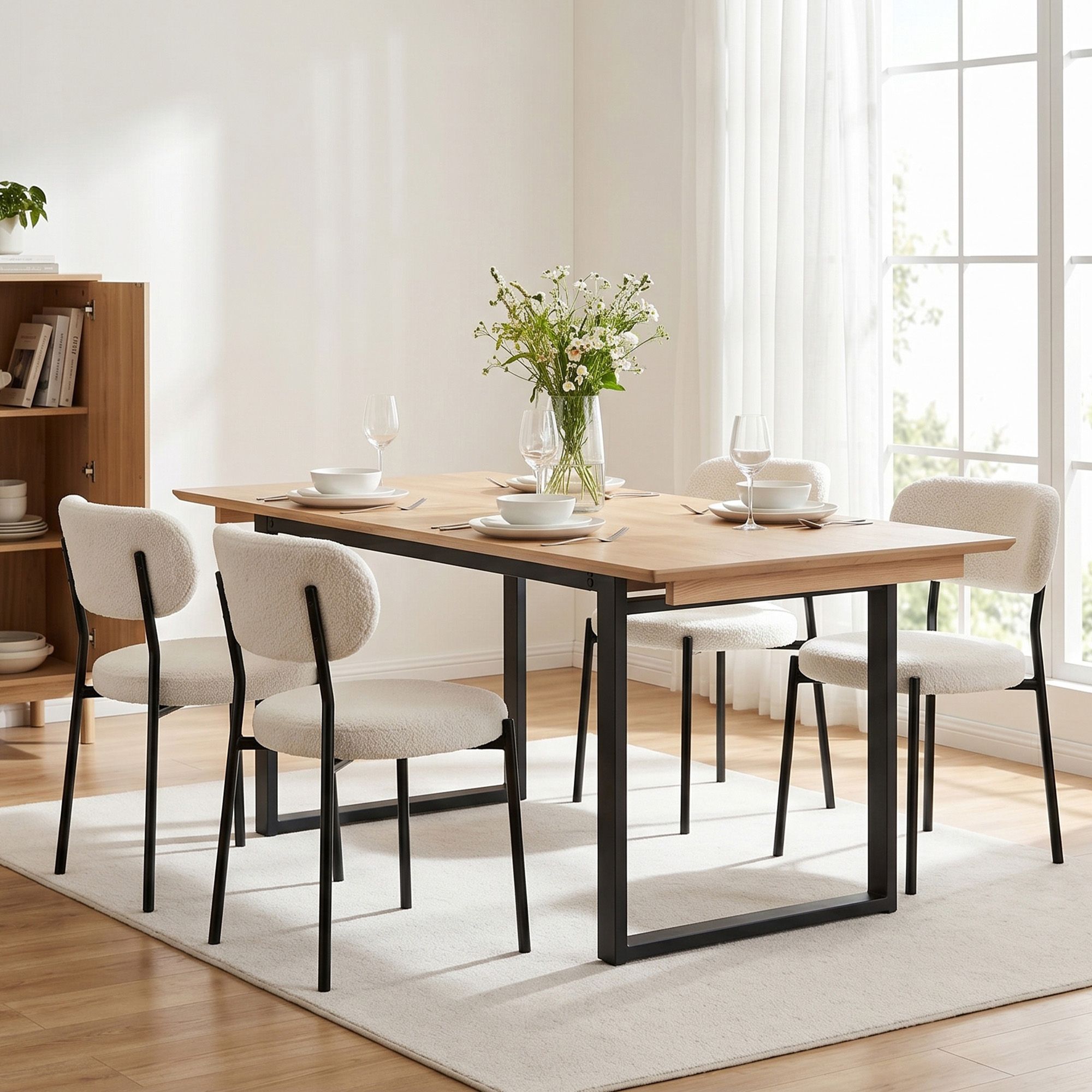 Artiss 200cm Extendable Dining Table Set with 4x Dining Chairs Sherpa White - Image 5