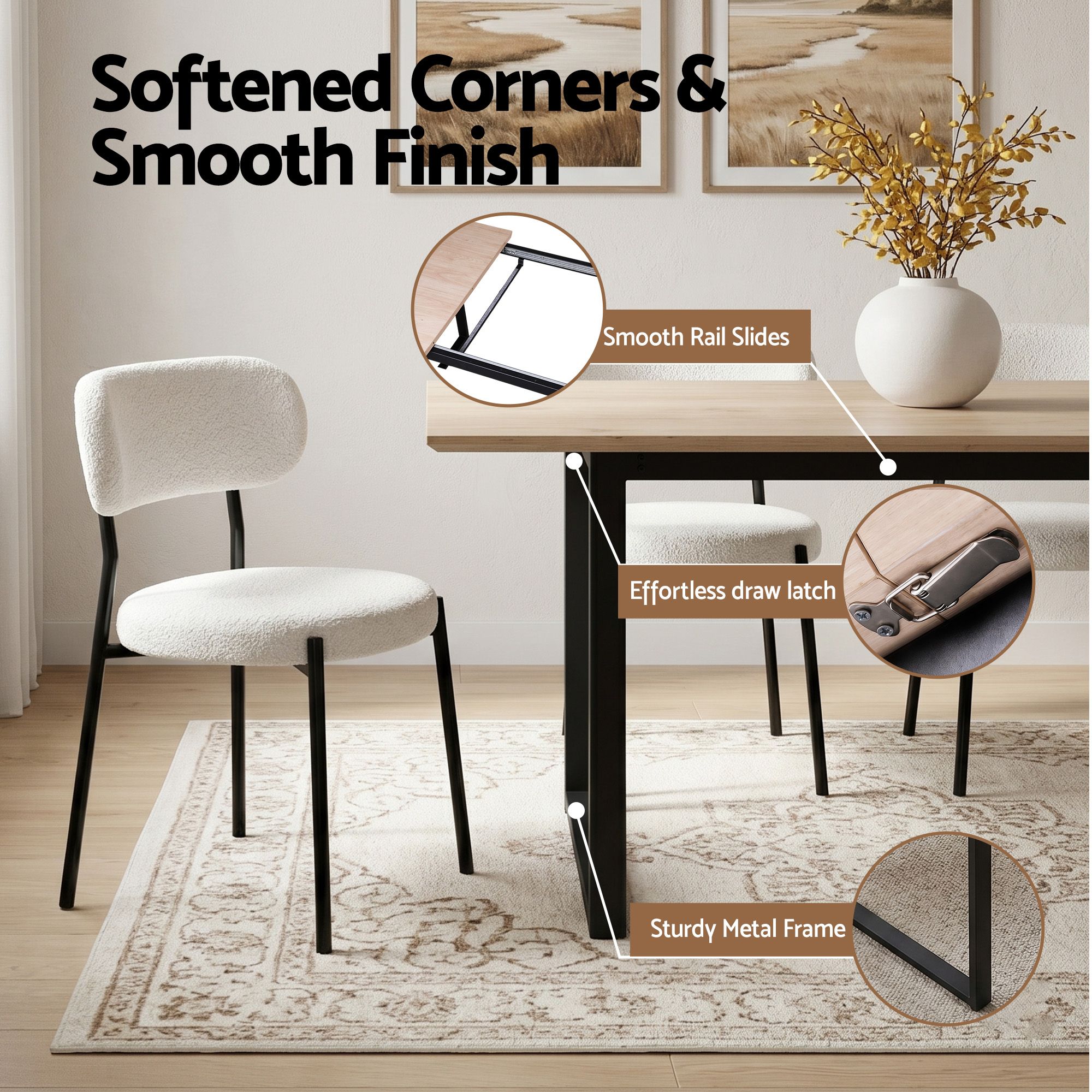 Artiss 200cm Extendable Dining Table Set with 4x Dining Chairs Sherpa White - Image 6