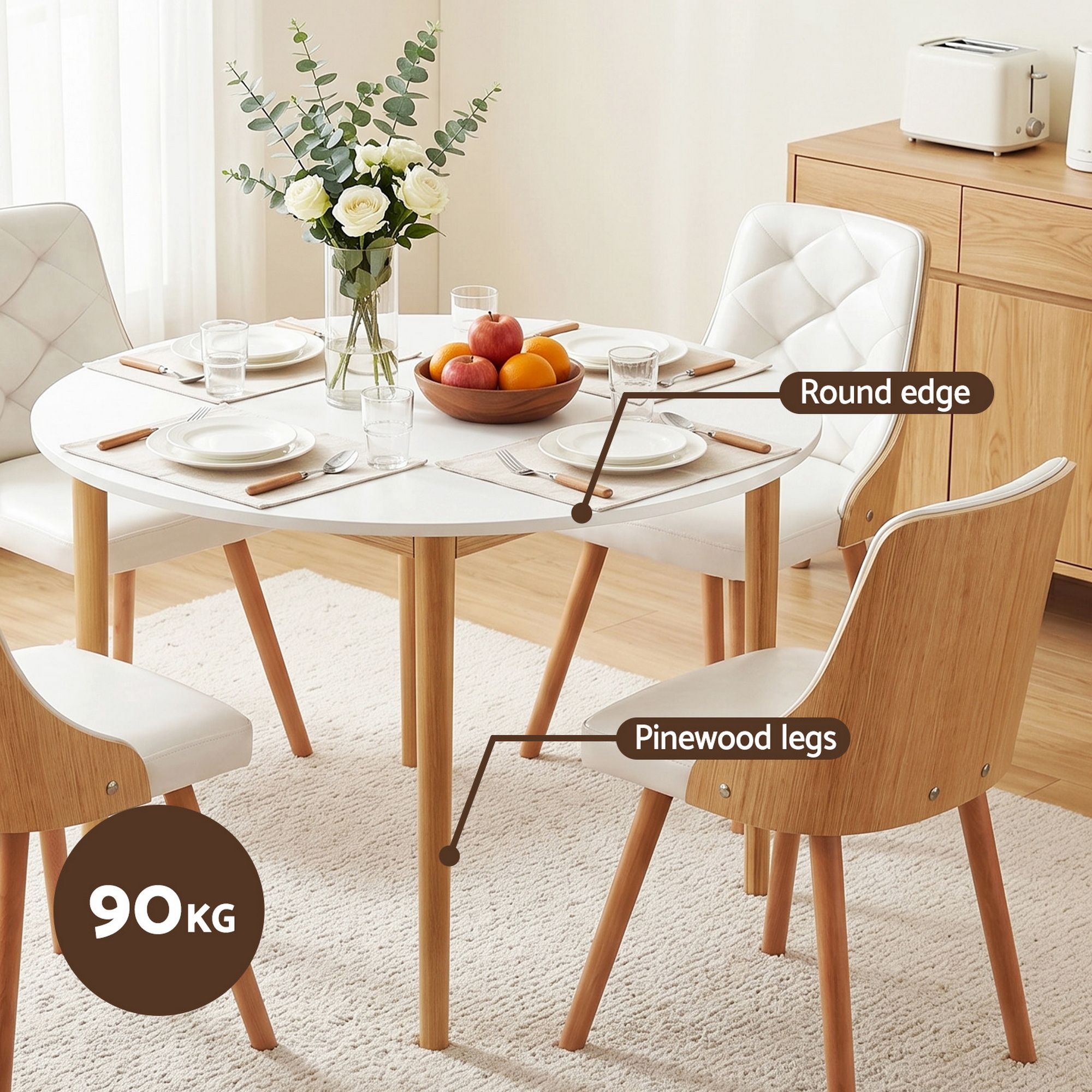 Artiss Dining Table and Chairs Set 5PCS Round 4 PU Leather Seater Dining Set White - Image 6