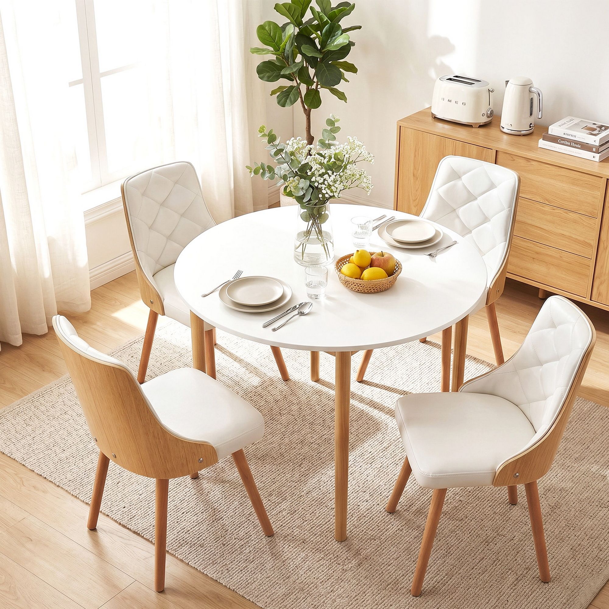 Artiss Dining Table and Chairs Set 5PCS Round 4 PU Leather Seater Dining Set White - Image 8