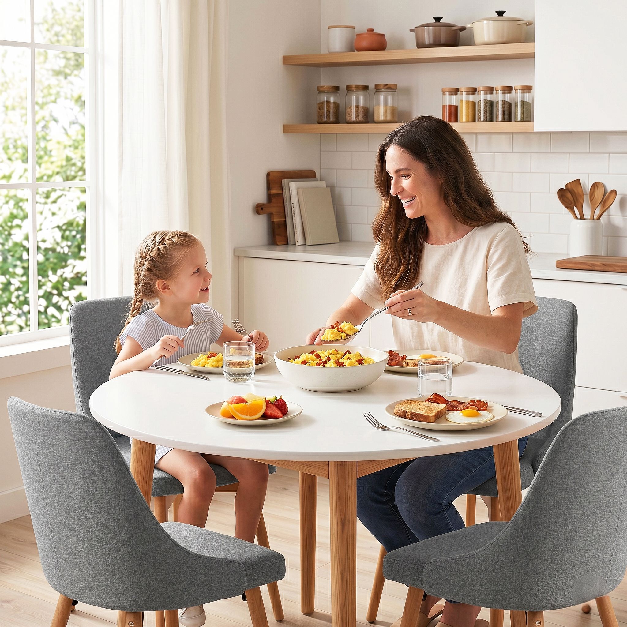 Artiss Round Dining Table and Chairs Set 5pcs Compact Kitchen Furniture White Natural Wood & Grey - Image 8