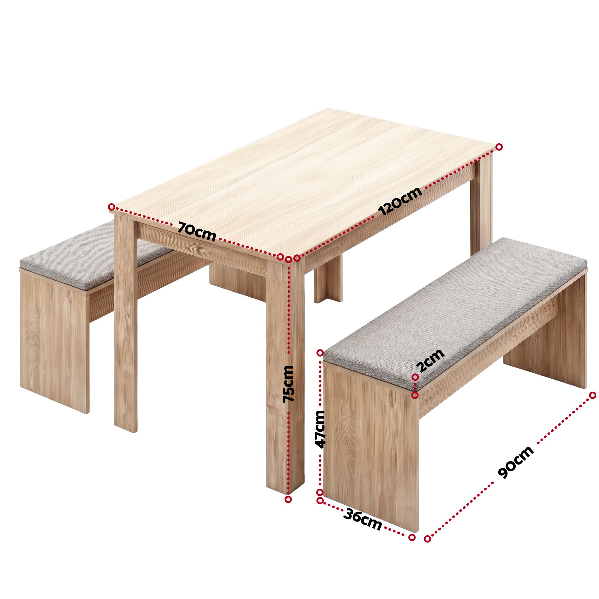 Artiss 3 Piece Dining Sets, 120cm Wooden Dining Table and 2 Upholstered Chairs Set, Space-Saving Modern Kitchen Dining Suite for Home Apartment (Oak) - Image 2