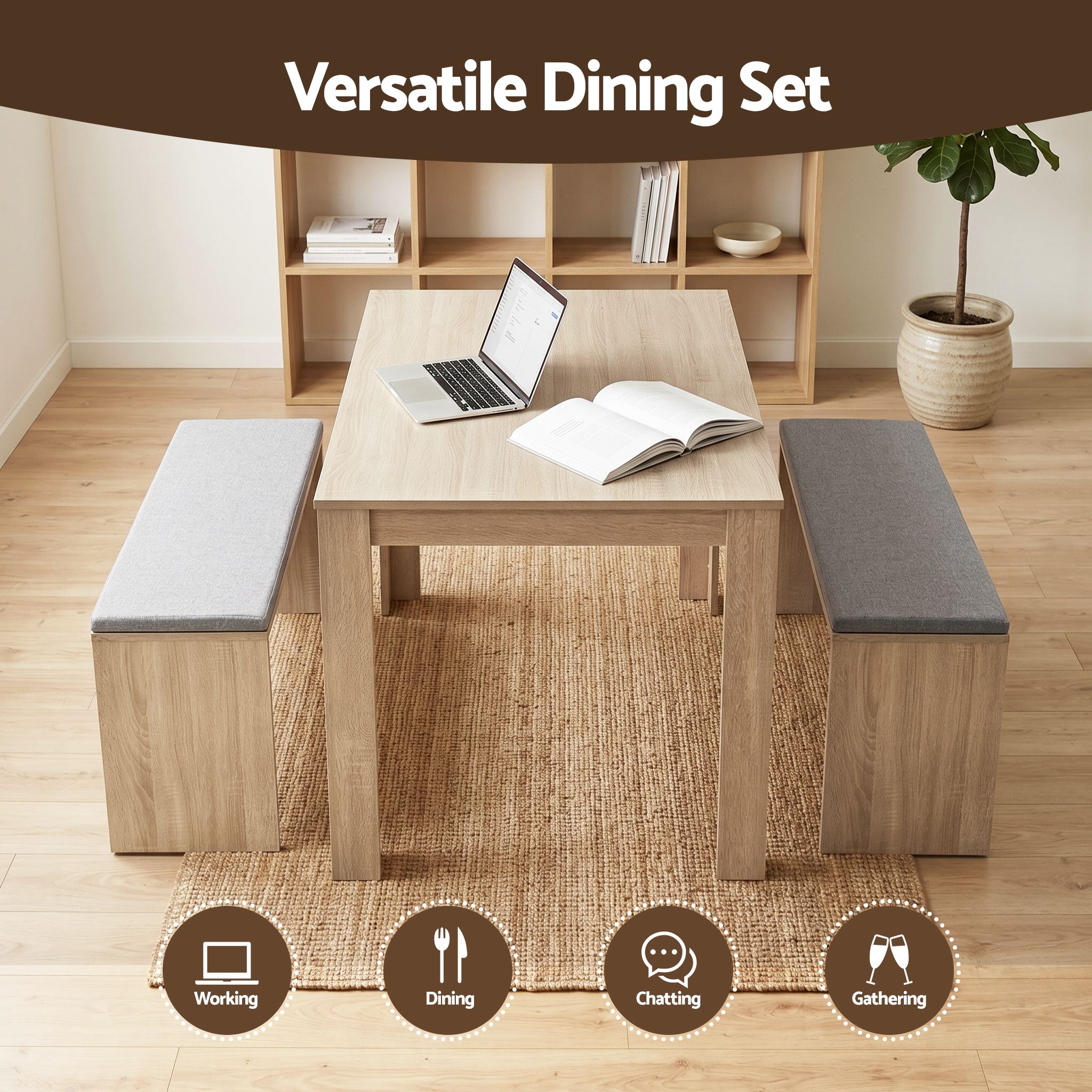 Artiss 3 Piece Dining Sets, 120cm Wooden Dining Table and 2 Upholstered Chairs Set, Space-Saving Modern Kitchen Dining Suite for Home Apartment (Oak) - Image 4