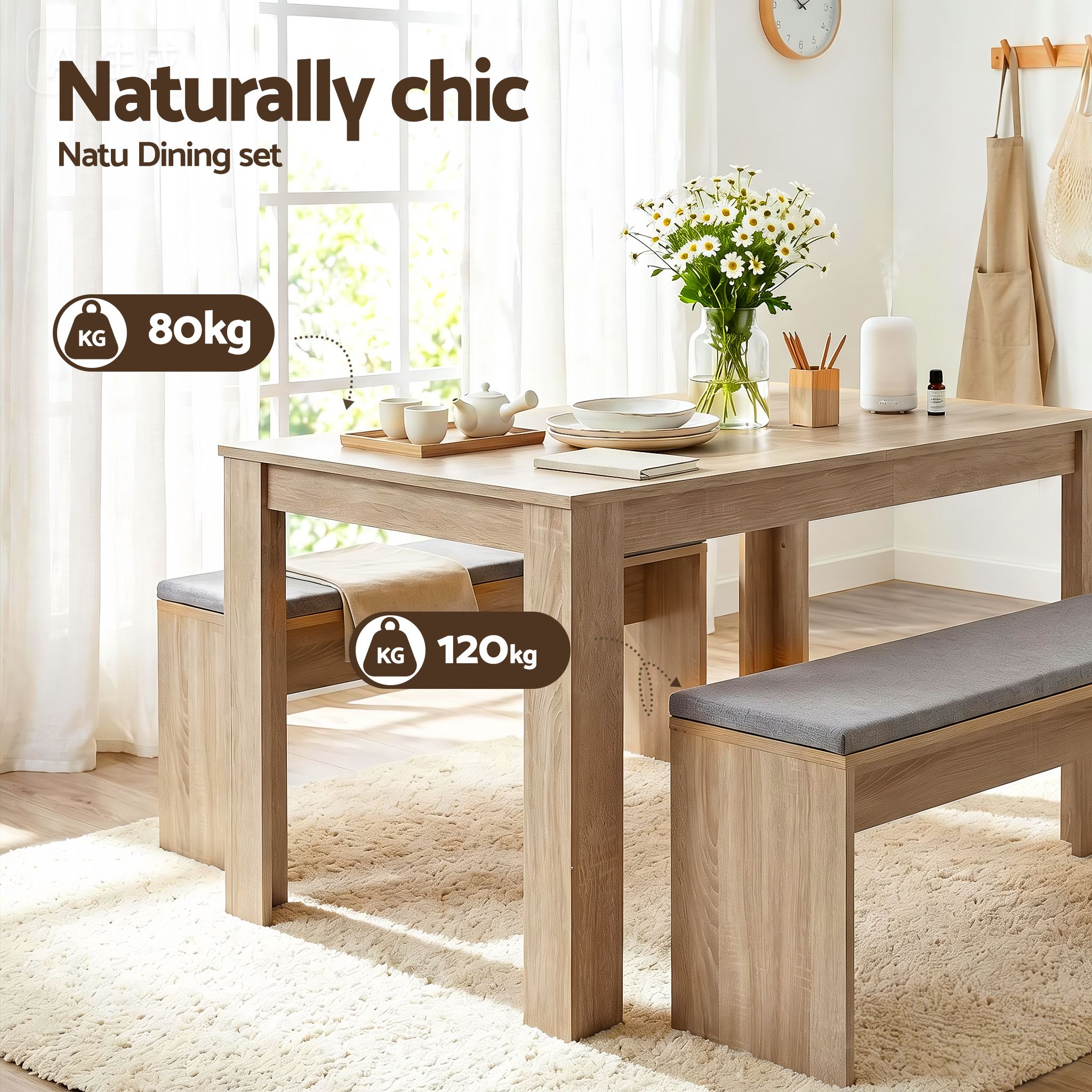 Artiss 3 Piece Dining Sets, 120cm Wooden Dining Table and 2 Upholstered Chairs Set, Space-Saving Modern Kitchen Dining Suite for Home Apartment (Oak) - Image 7