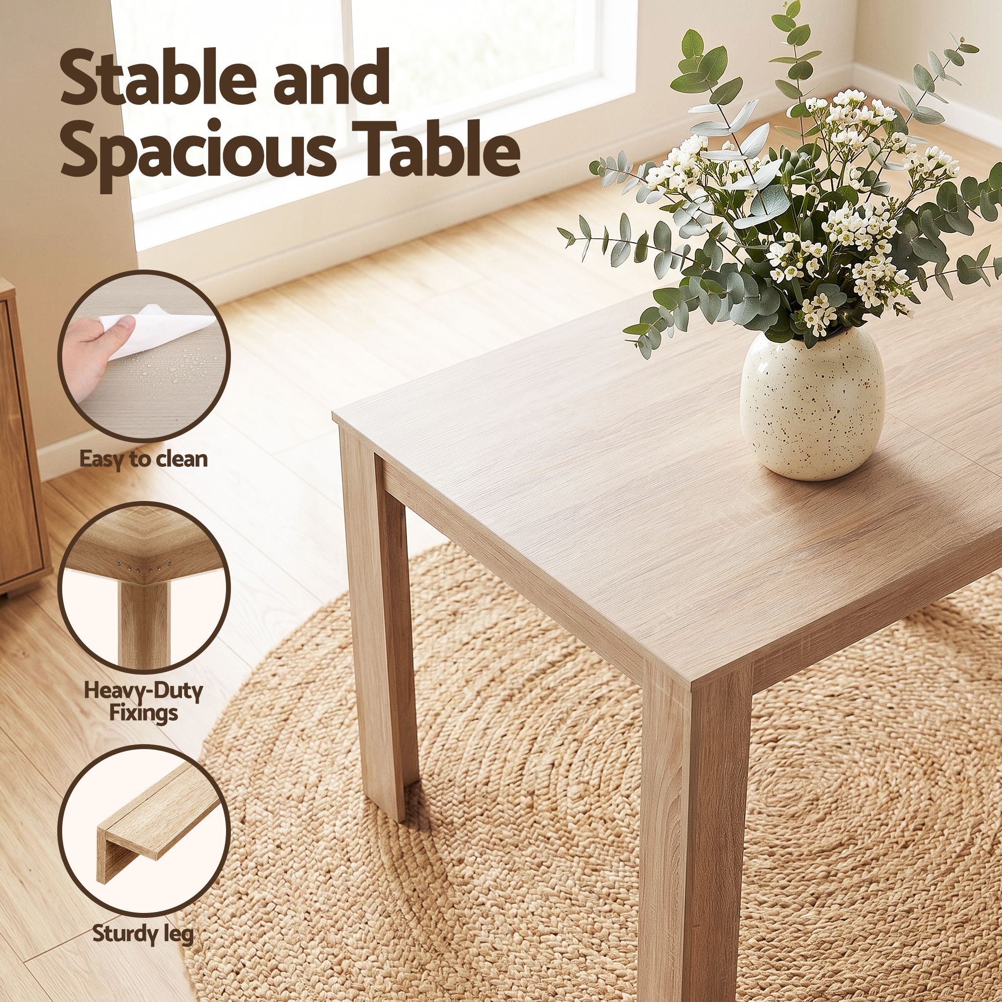 Artiss 3 Piece Dining Sets, 120cm Wooden Dining Table and 2 Upholstered Chairs Set, Space-Saving Modern Kitchen Dining Suite for Home Apartment (Oak) - Image 8
