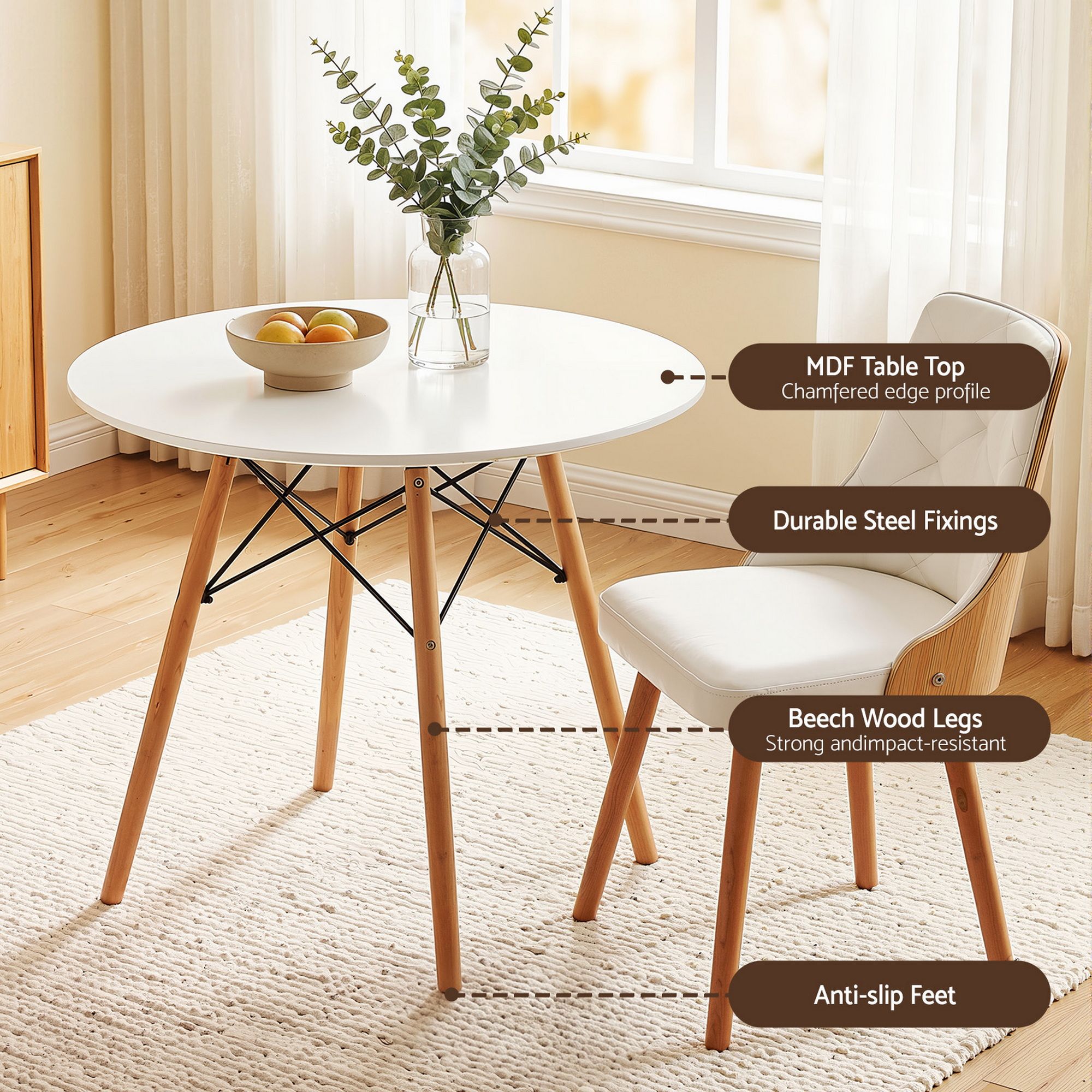 Artiss Dining Table and Chairs Set 3PCS 90cm 2 Seater Round Dining Set for Kitchen, Apartment, Dining Room White - Image 5