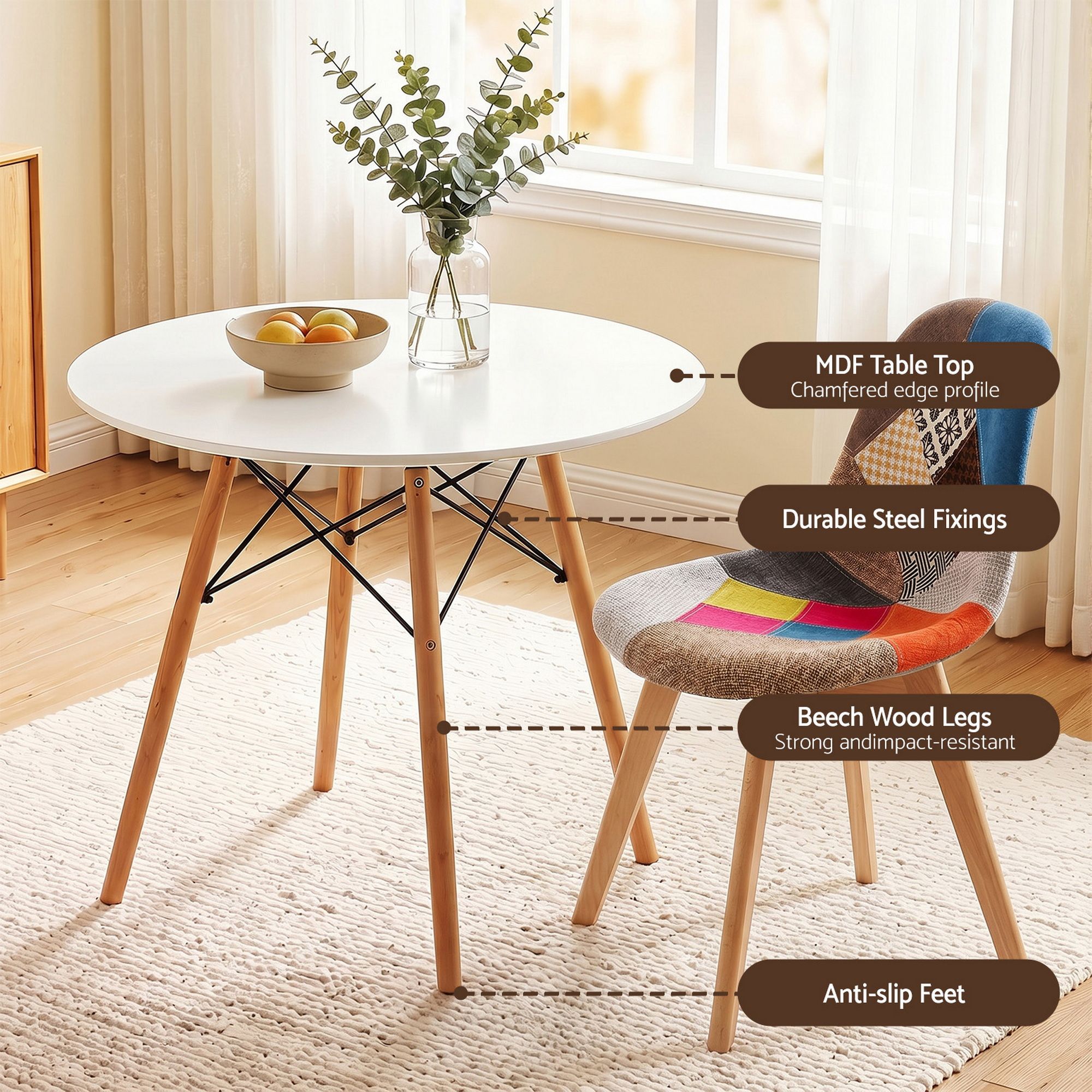 Artiss Dining Table and Chairs Set 3PCS Round 2 Seater Dining Set for Kitchen, Apartment, Dining Room White - Image 5