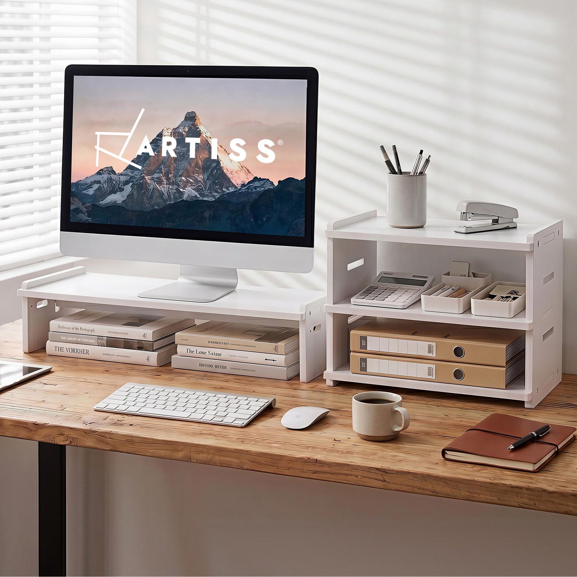 Artiss Monitor Stand and 3-Tier Desk Organiser 2-in-1 Modular Computer Monitor Riser PVC Desktop Shelf Holds 20kg for Office Students Gaming - Image 1