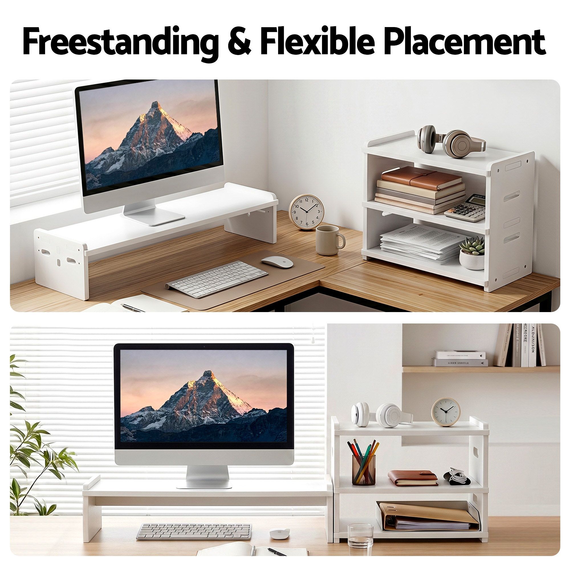 Artiss Monitor Stand and 3-Tier Desk Organiser 2-in-1 Modular Computer Monitor Riser PVC Desktop Shelf Holds 20kg for Office Students Gaming - Image 5
