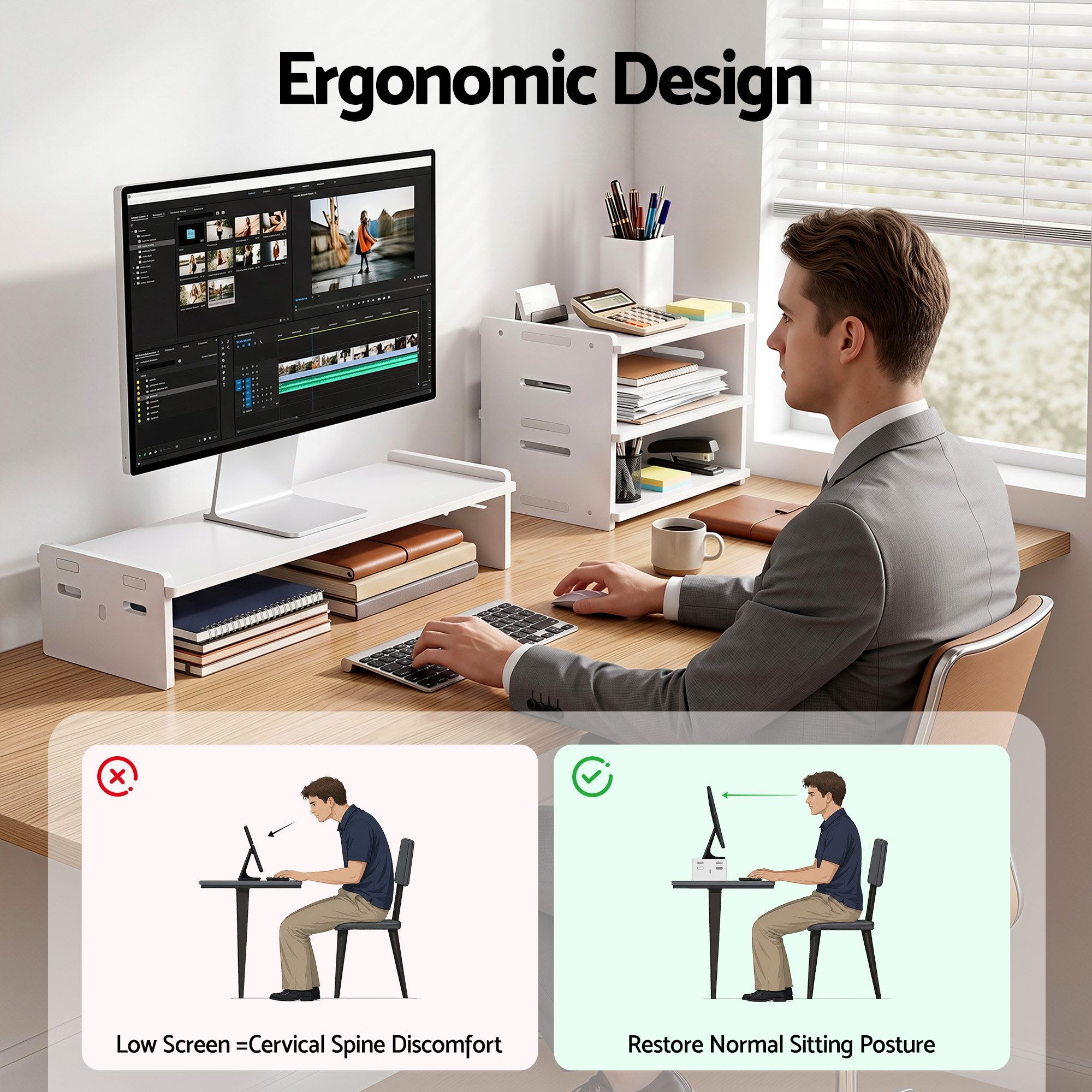 Artiss Monitor Stand and 3-Tier Desk Organiser 2-in-1 Modular Computer Monitor Riser PVC Desktop Shelf Holds 20kg for Office Students Gaming - Image 6