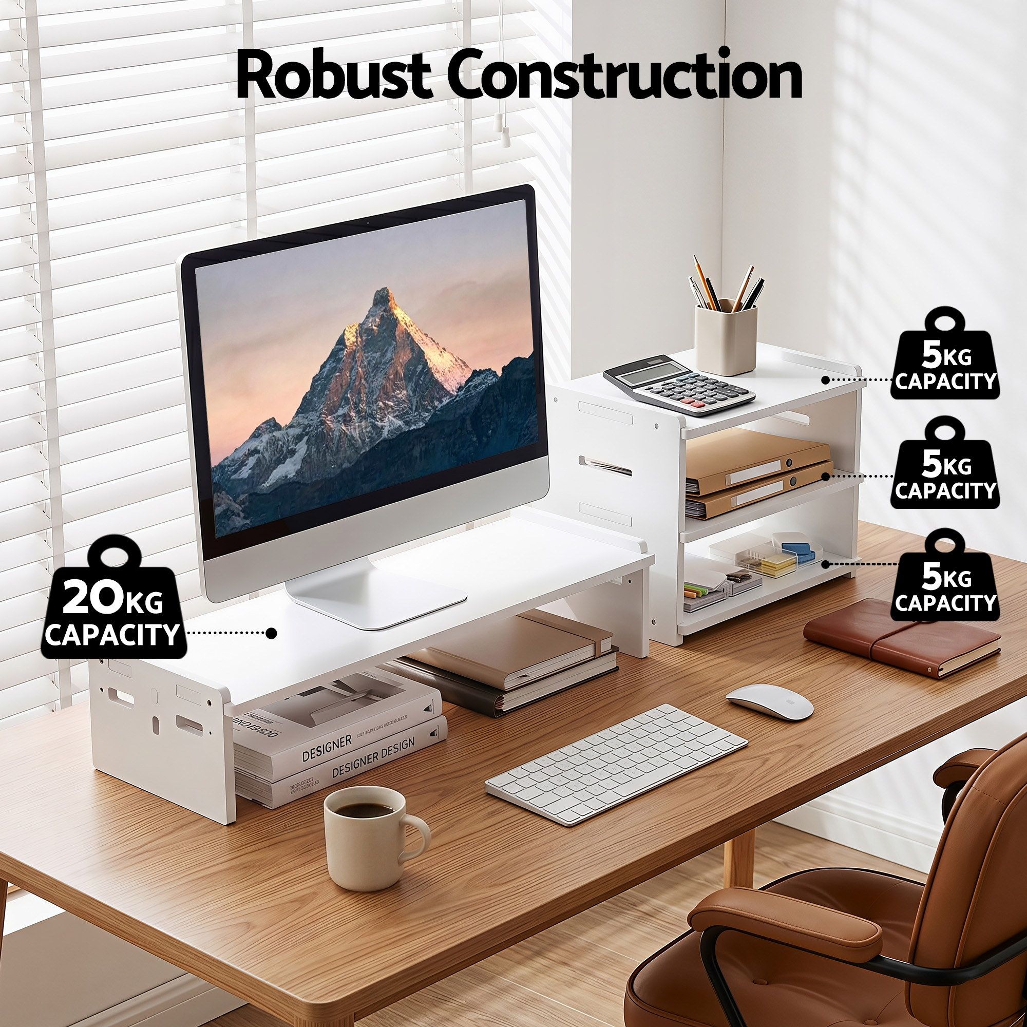 Artiss Monitor Stand and 3-Tier Desk Organiser 2-in-1 Modular Computer Monitor Riser PVC Desktop Shelf Holds 20kg for Office Students Gaming - Image 7