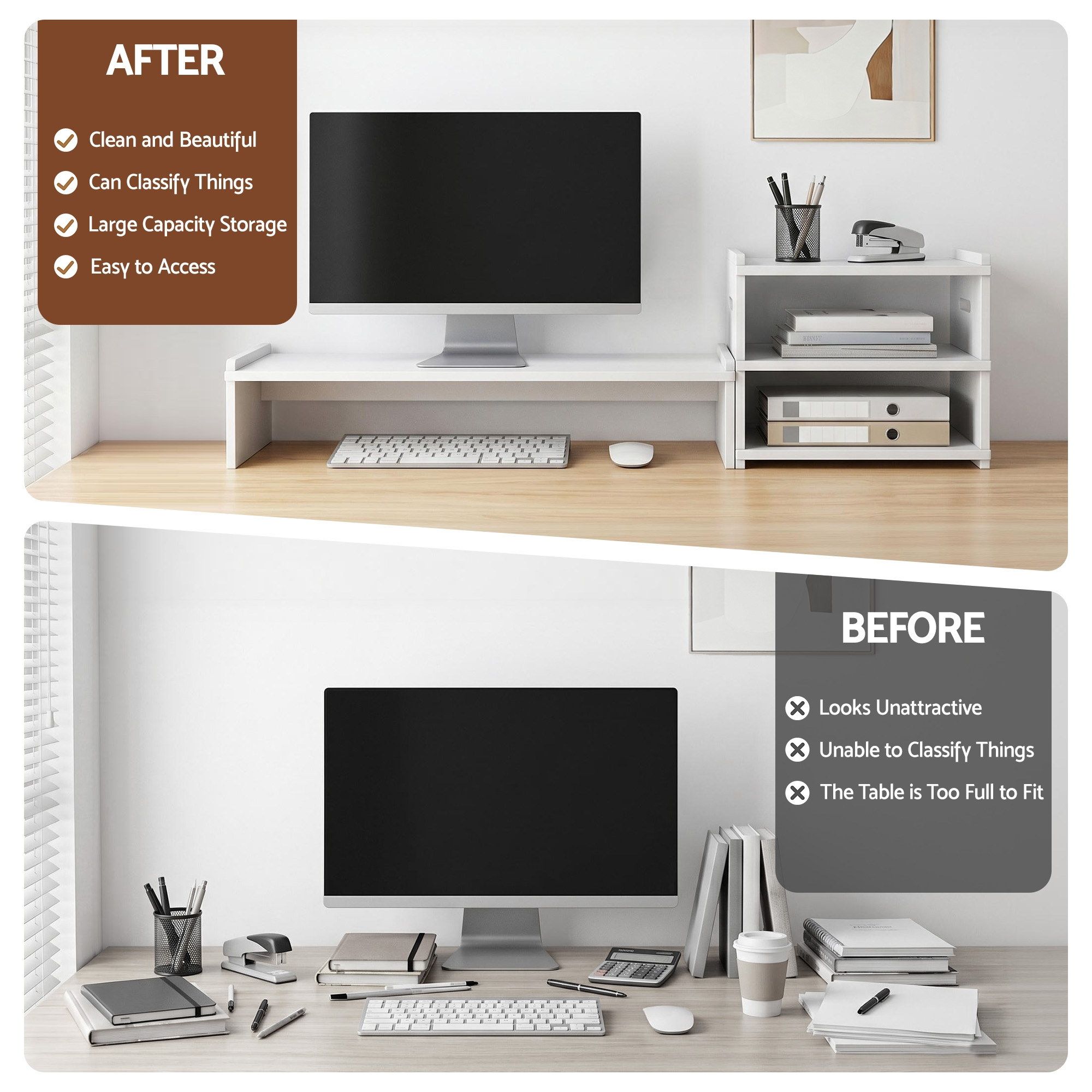 Artiss Monitor Stand and 3-Tier Desk Organiser 2-in-1 Modular Computer Monitor Riser PVC Desktop Shelf Holds 20kg for Office Students Gaming - Image 8