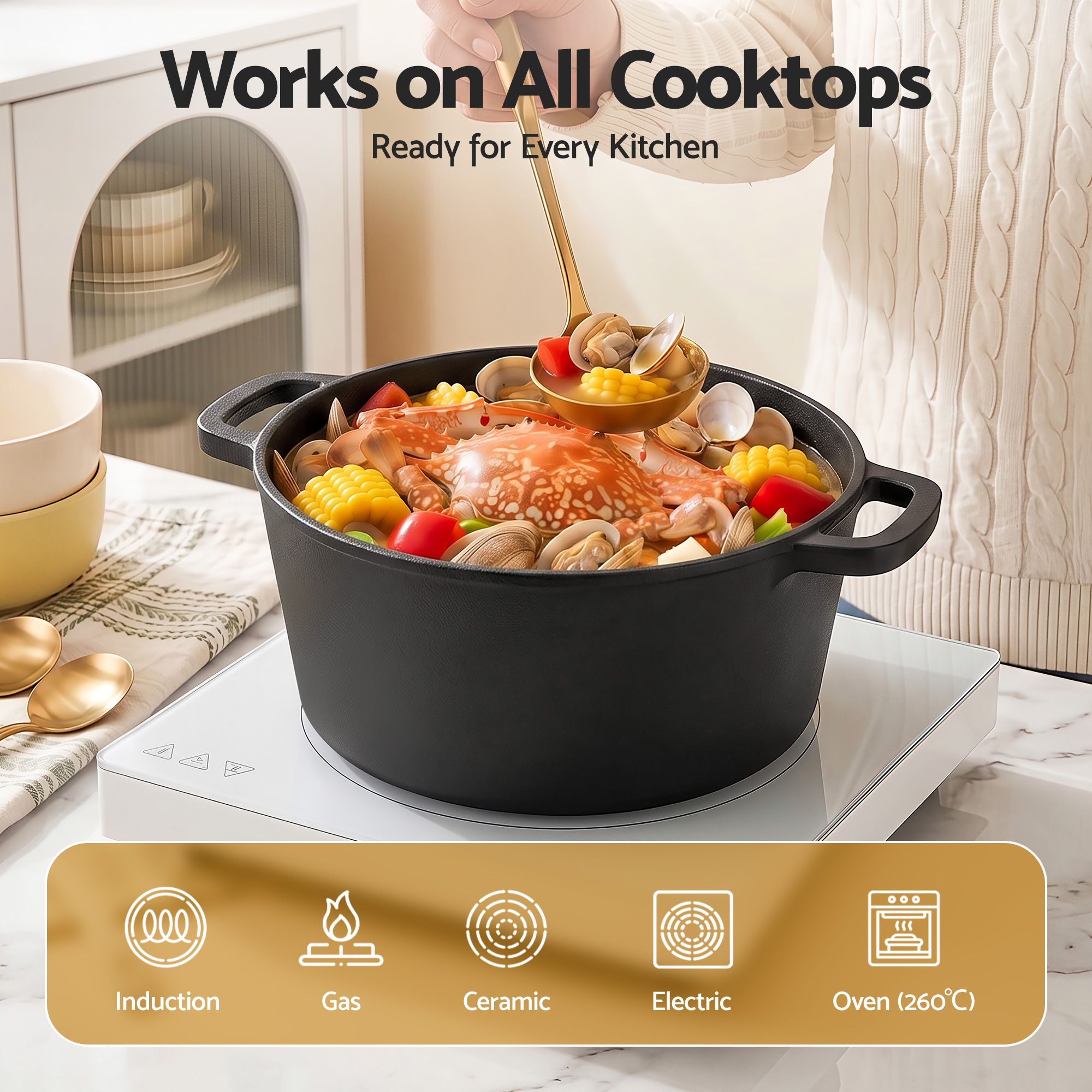 5-Star Chef 5L 2-In-1 Pre-Seasoned Cast Iron Dutch Oven Pot with Lid and Dual Handles for Sourdough Bread Baking - Image 5