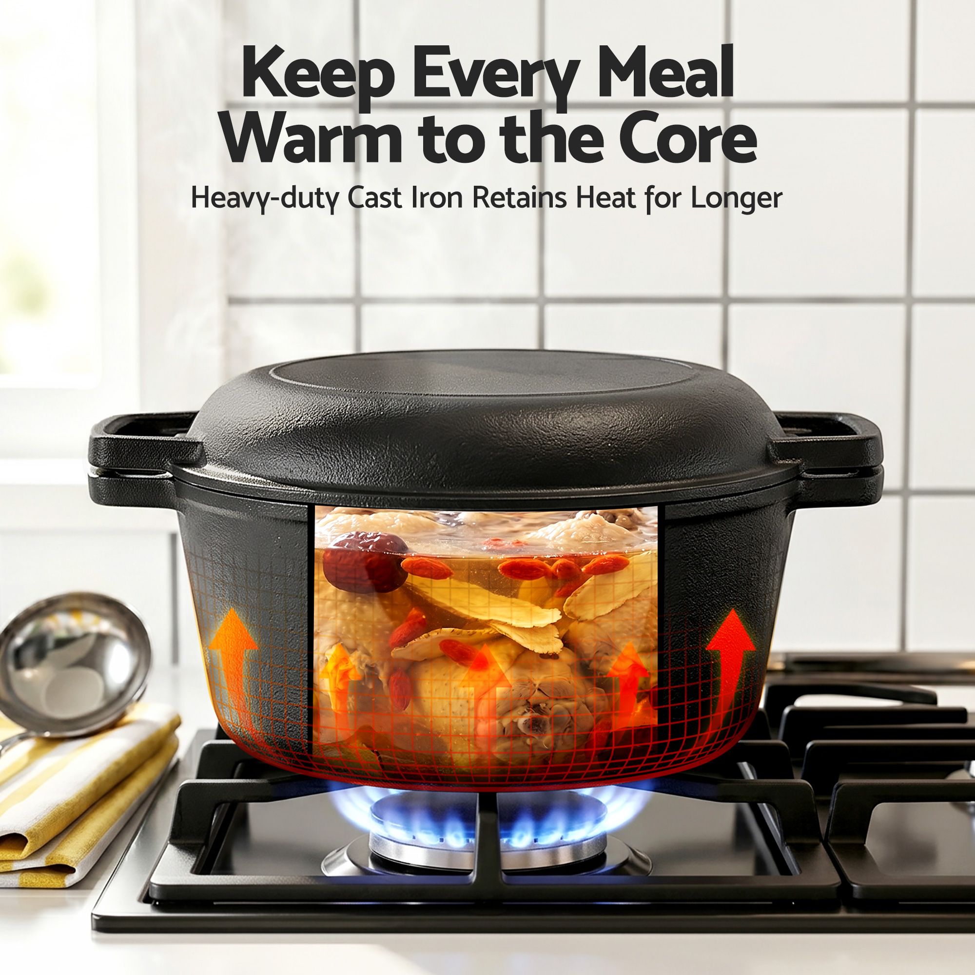 5-Star Chef 5L 2-In-1 Pre-Seasoned Cast Iron Dutch Oven Pot with Lid and Dual Handles for Sourdough Bread Baking - Image 6