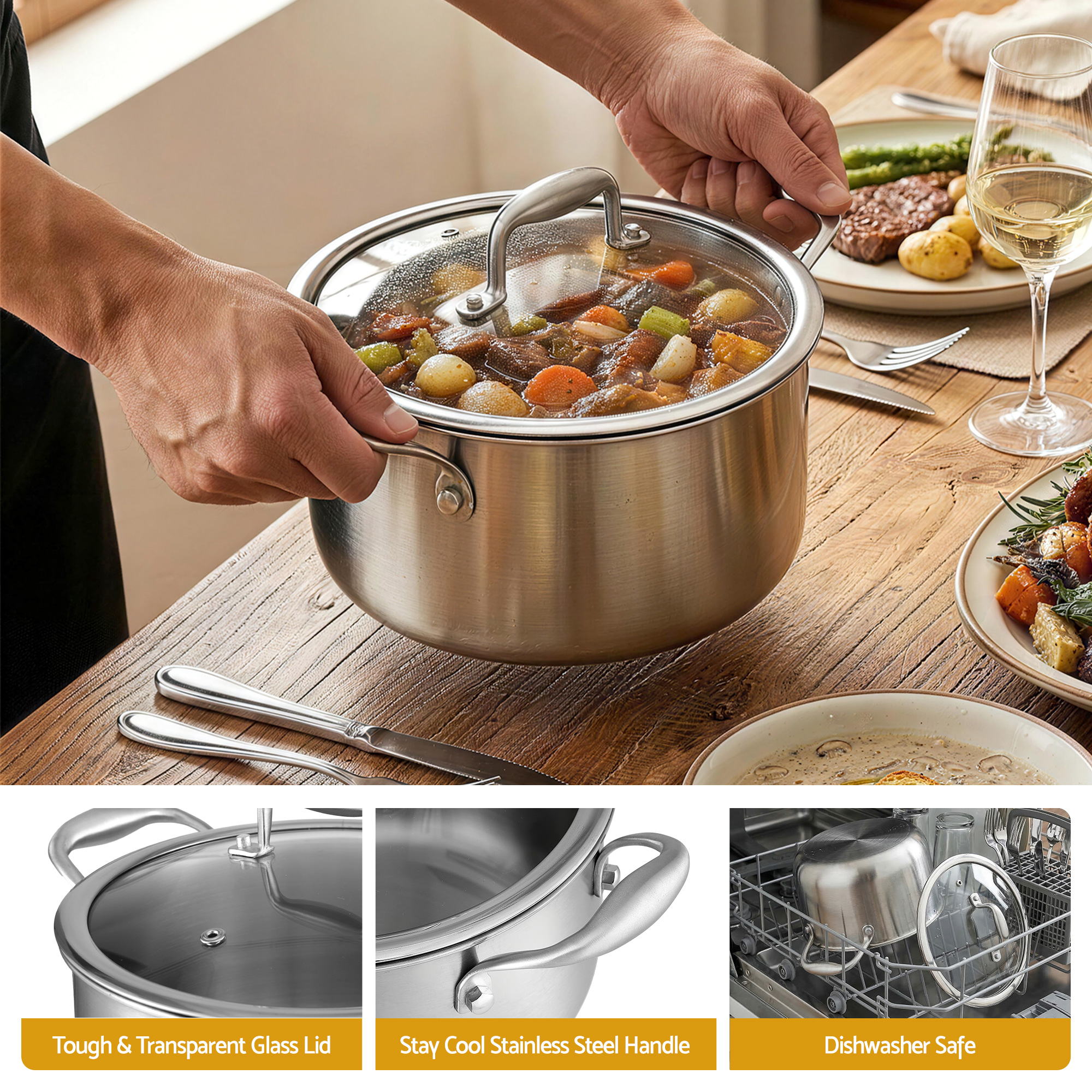 5-Star Chef 4.5L 24cm Stainless Steel Dutch Oven Pot with Lid and Stay-Cool Handle - Image 7