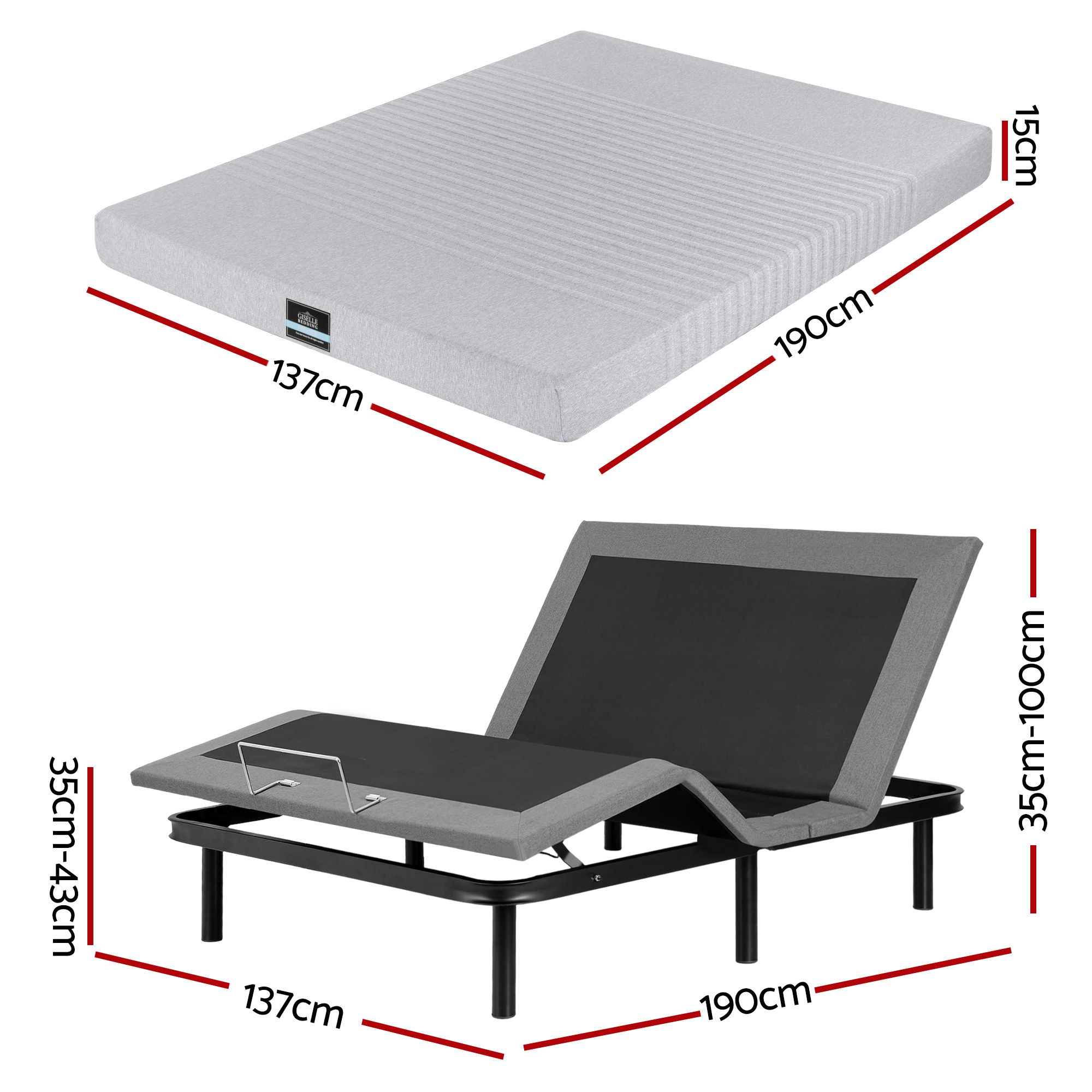 Artiss Double Bed Frame and Giselle Bedding Double Memory Foam Mattress Set, Electric Bed Base with Zero Gravity & 7 Zone Cooling Comfort for Back Pain Relief, Black & Grey,15cm Thickness - Image 3