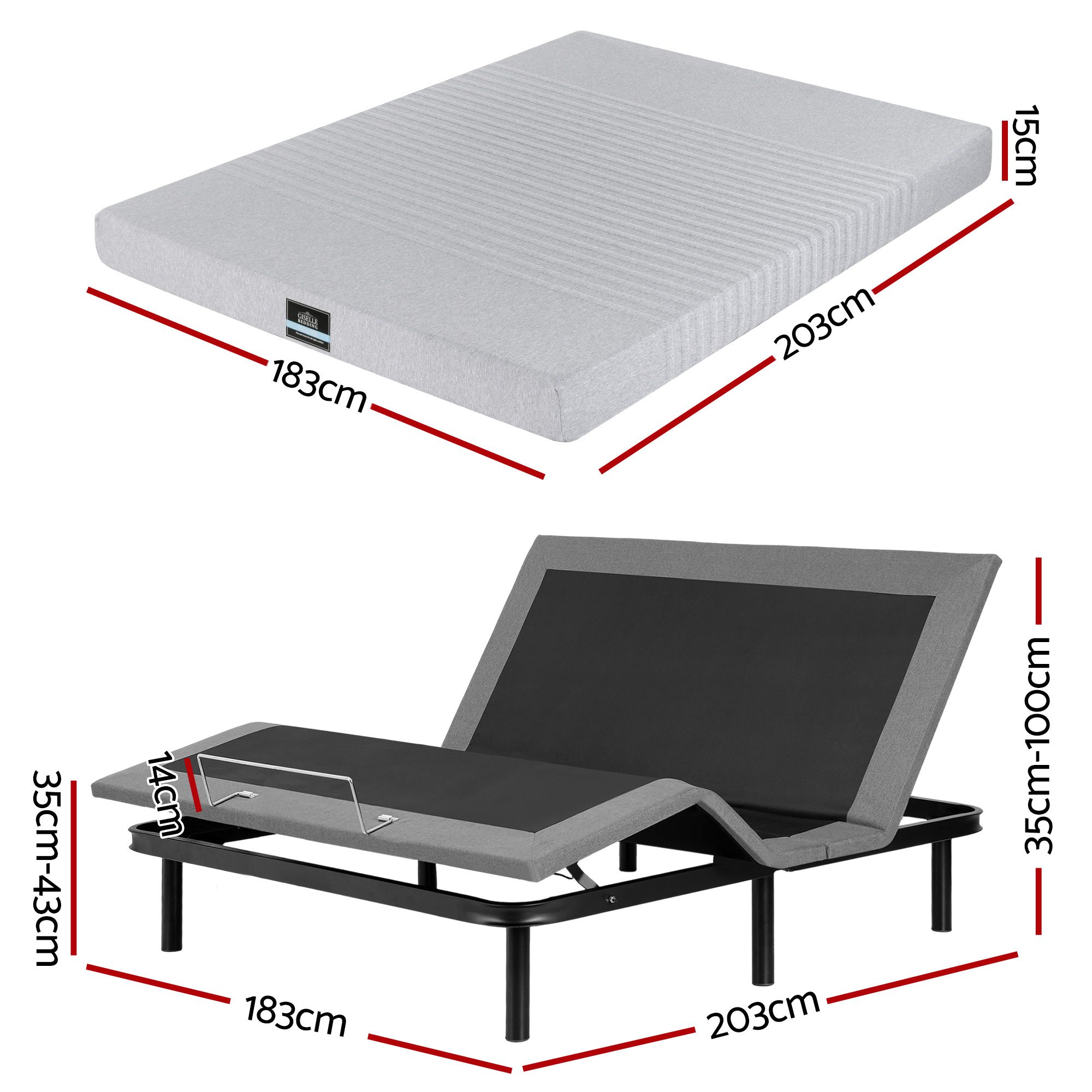 Artiss King Bed Frame and Giselle Bedding King Memory Foam Mattress Set, Electric Bed Base with Zero Gravity & 7 Zone Cooling Comfort for Back Pain Relief, Black & Grey, 15cm Thickness - Image 3