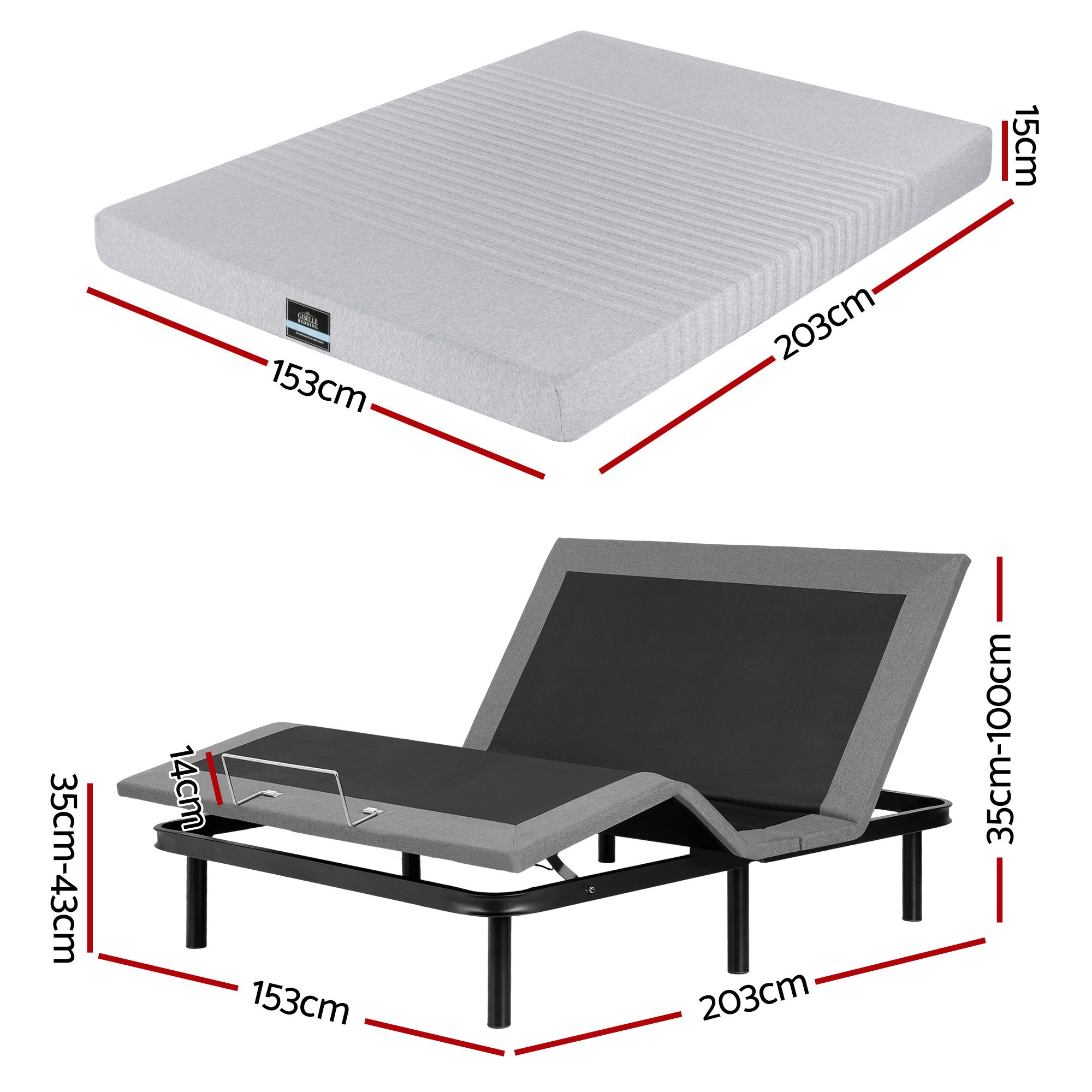 Artiss Queen Bed Frame and Giselle Bedding Queen Memory Foam Mattress Set, Electric Bed Base with Zero Gravity & 7 Zone Cooling Comfort for Back Pain Relief, Black & Grey, 15cm Thickness - Image 3