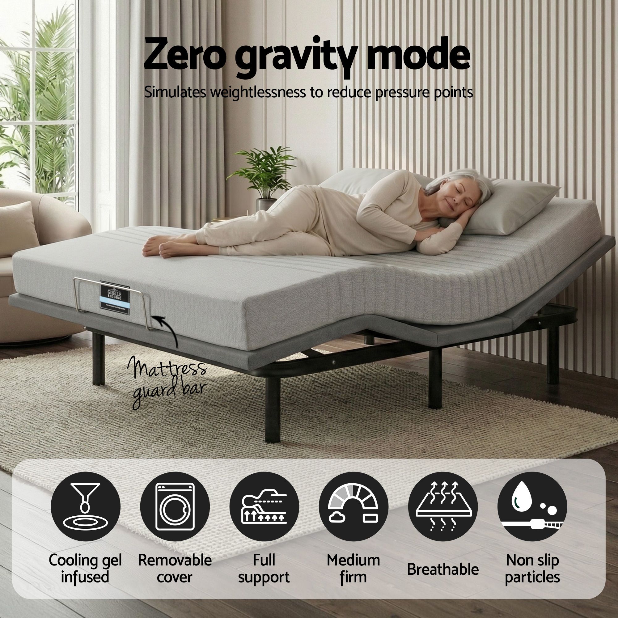 Artiss Queen Bed Frame and Giselle Bedding Queen Memory Foam Mattress Set, Electric Bed Base with Zero Gravity & 7 Zone Cooling Comfort for Back Pain Relief, Black & Grey, 15cm Thickness - Image 6