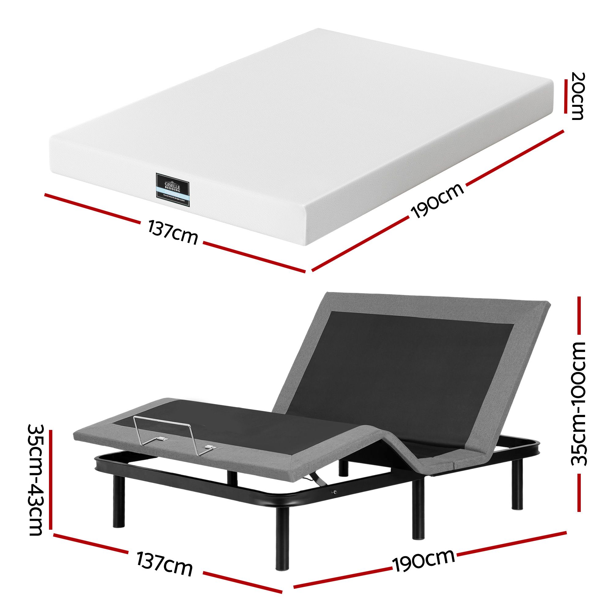 Artiss Double size bed frame & Giselle Bedding Double Mattress Combo, adjustable bed Base for Snoring Relief, Independent Head Foot Incline, Wireless Remote, Black,20cm Thickness - Image 3