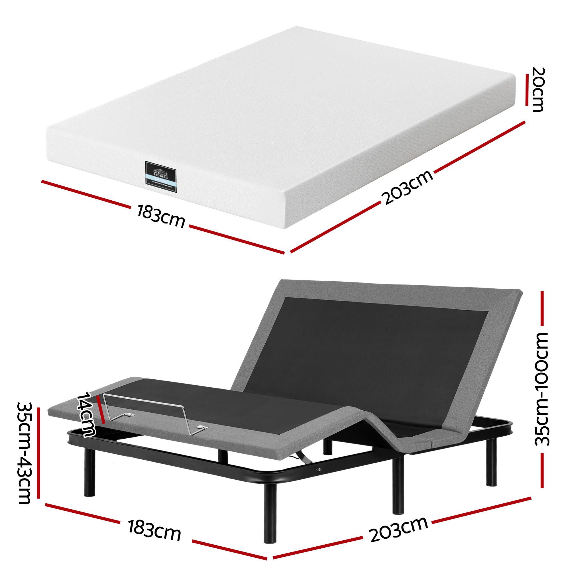 Artiss King size bed frame & Giselle Bedding King Mattress Combo, adjustable bed Base for Snoring Relief, Independent Head Foot Incline, Wireless Remote, Black,20cm Thickness - Image 3