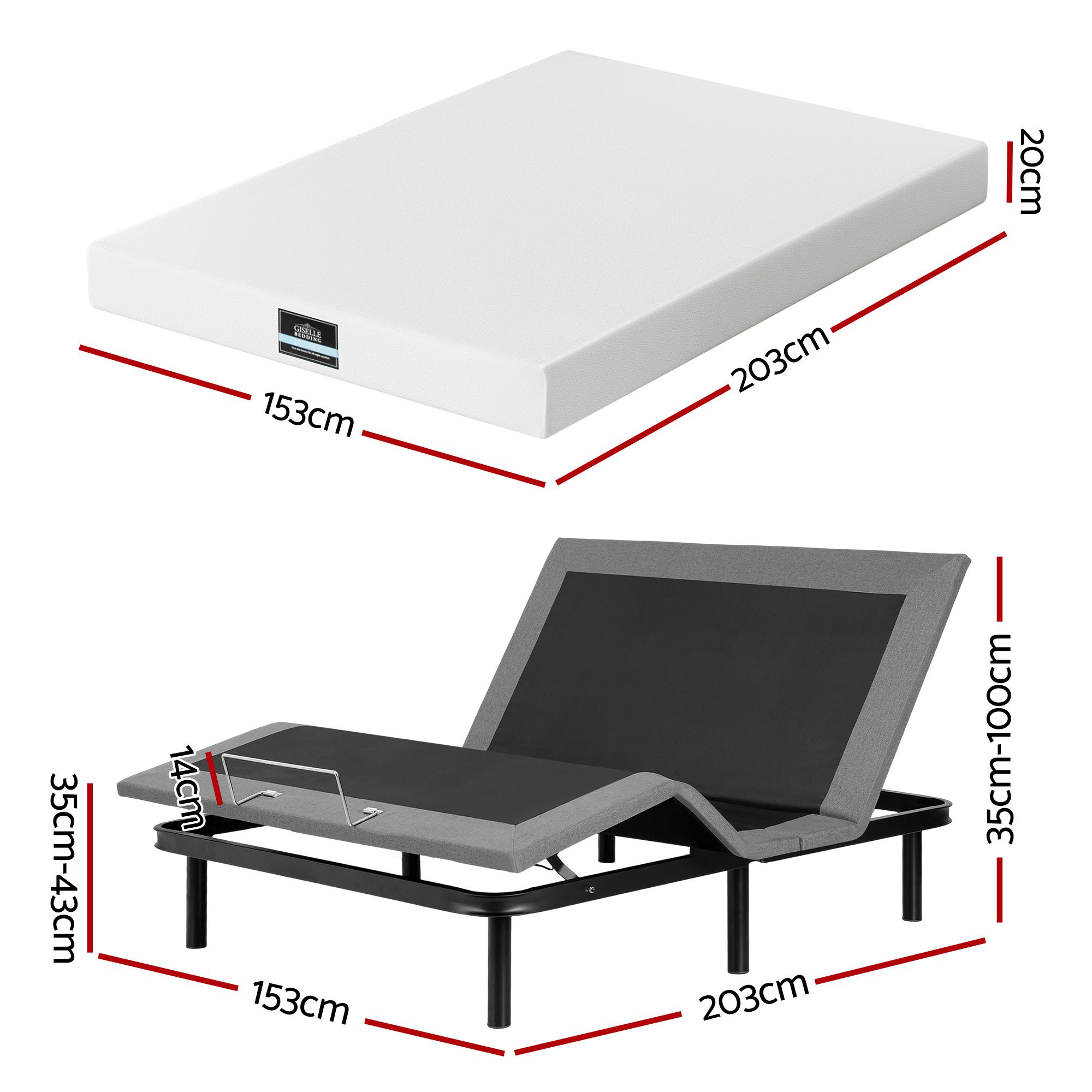 Artiss Queen size bed frame & Giselle Bedding Mattress Queen Combo, adjustable bed Base for Snoring Relief, Independent Head Foot Incline, Wireless Remote, Black,20cm Thickness - Image 3