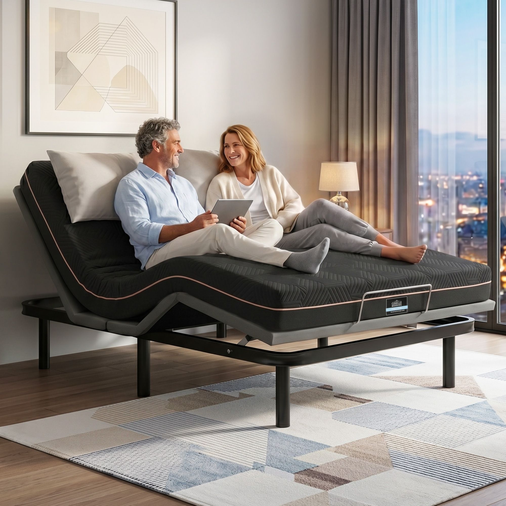 Artiss Double size bed frame with Giselle Bedding Double Mattress, adjustable bed Base Combo for Snoring Relief, Independent Head Foot Incline, Wireless Remote, Black,18cm Thickness - Image 1