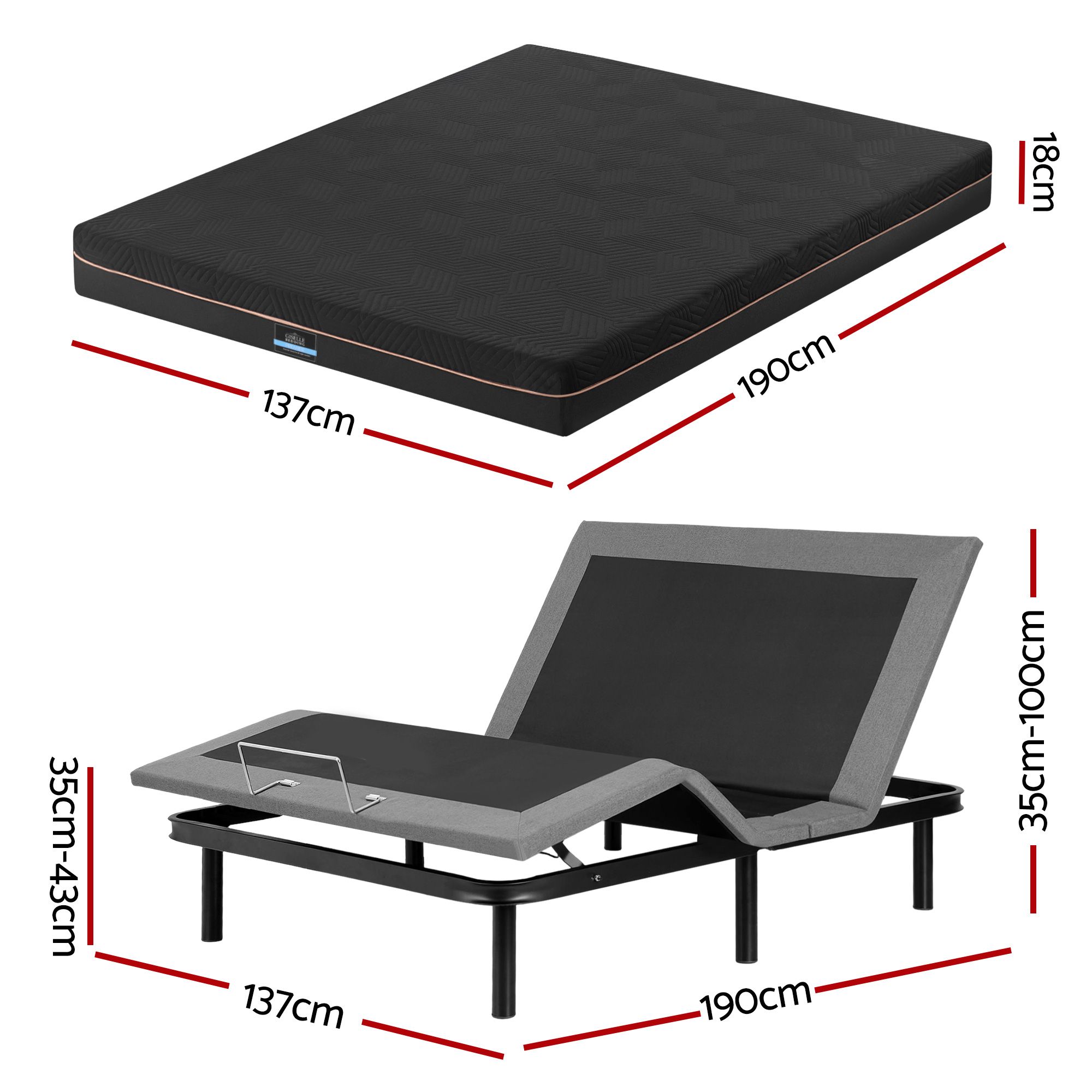 Artiss Double size bed frame with Giselle Bedding Double Mattress, adjustable bed Base Combo for Snoring Relief, Independent Head Foot Incline, Wireless Remote, Black,18cm Thickness - Image 3