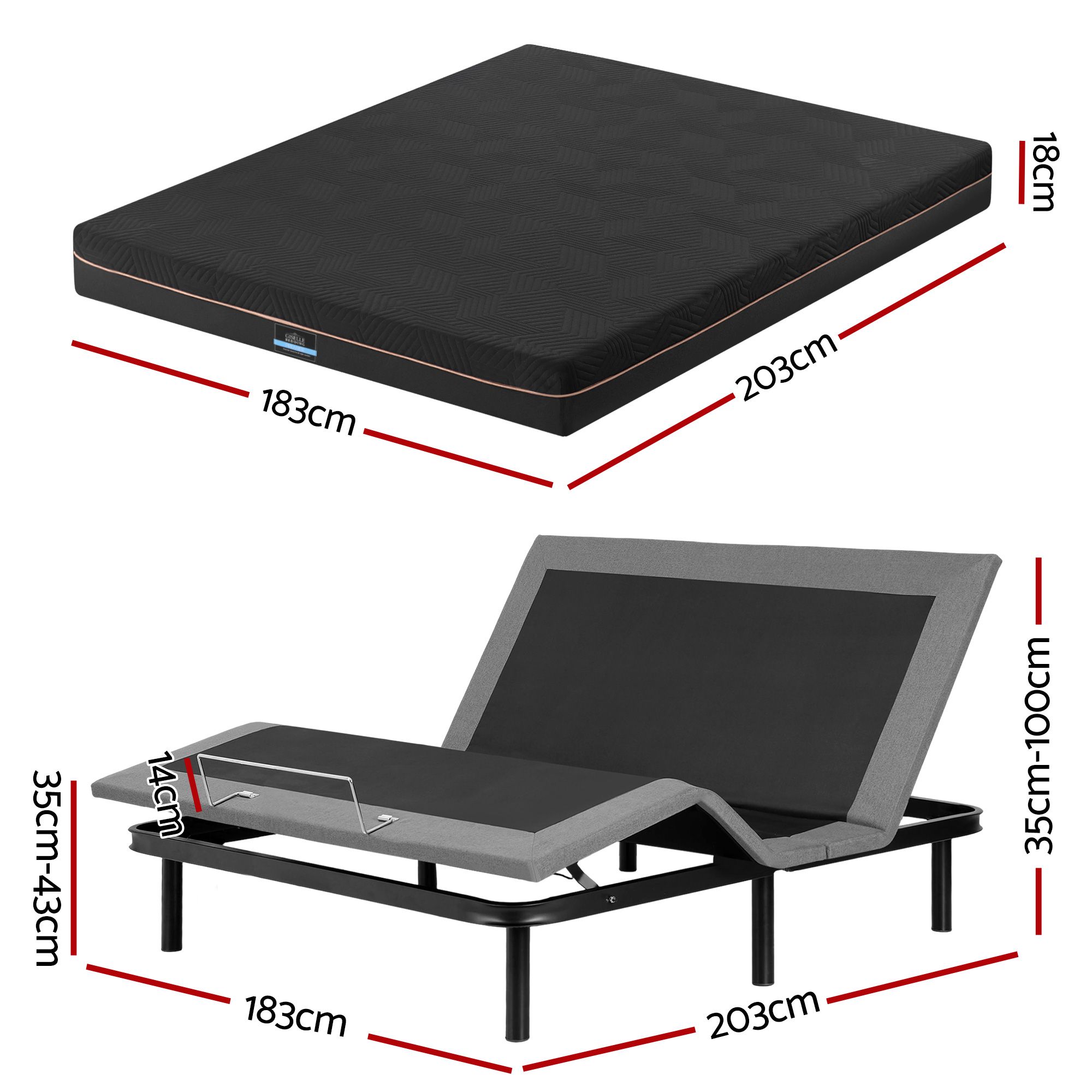 Artiss King size bed frame with Giselle Bedding King Mattress, adjustable bed Base Combo for Snoring Relief, Independent Head Foot Incline, Wireless Remote, Black,18cm Thickness - Image 3