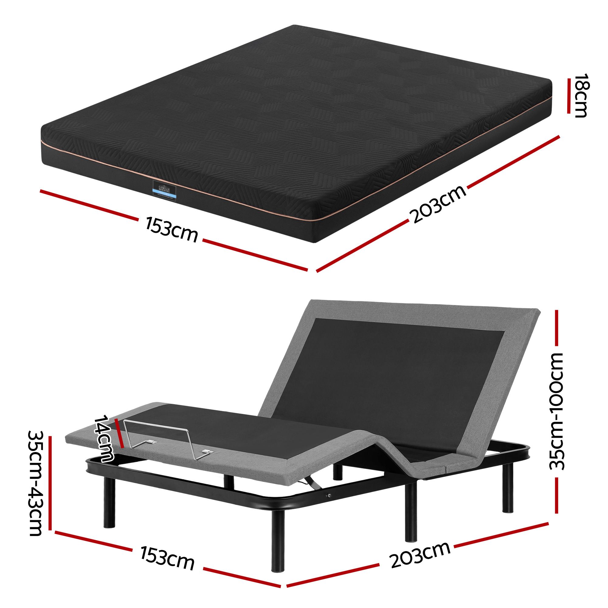 Artiss Queen size bed frame with Giselle Bedding Queen Mattress, adjustable bed Base Combo for Snoring Relief, Independent Head Foot Incline, Wireless Remote, Black,18cm Thickness - Image 3