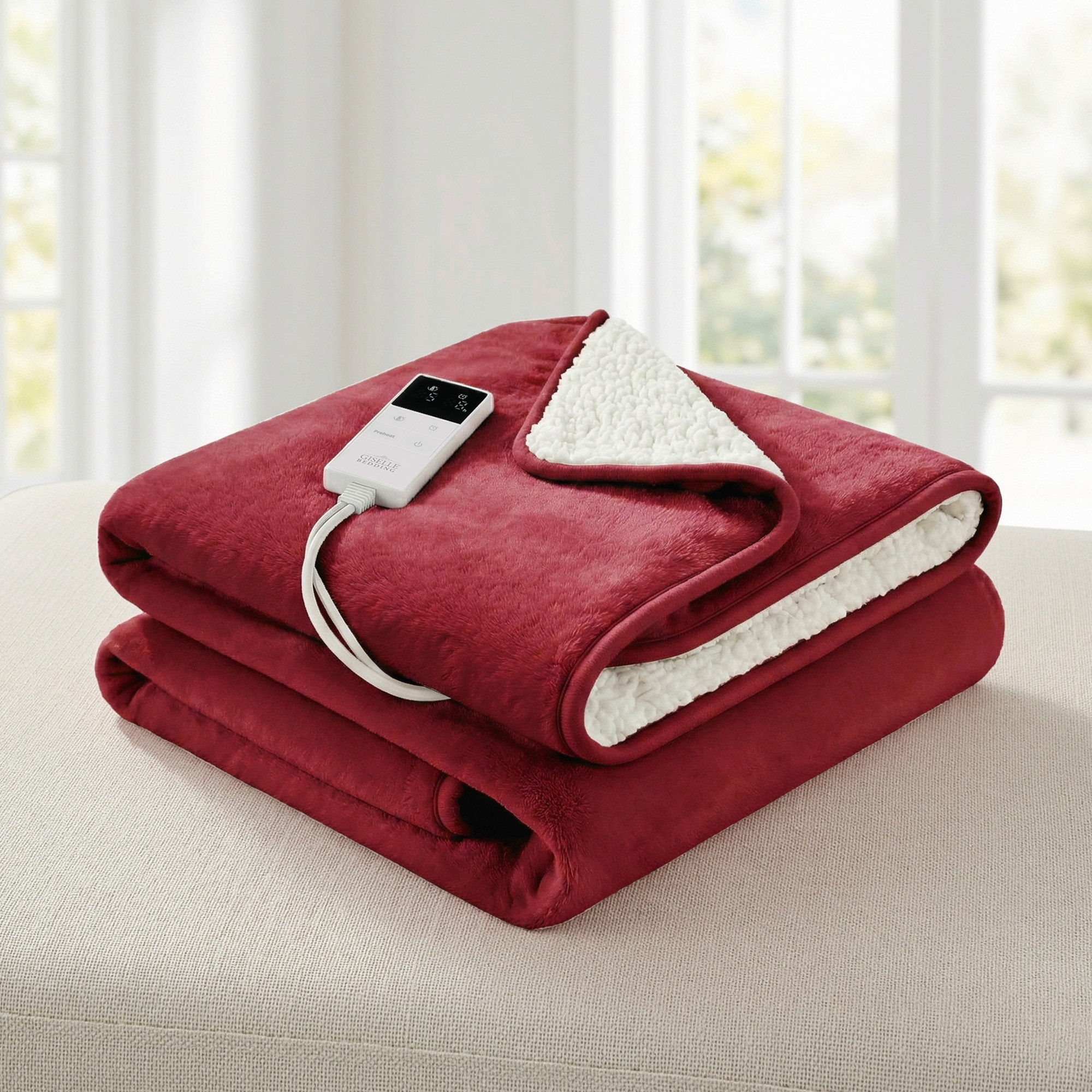 Giselle Electric Throw Rug Dual Side Fleece Flannel Heated Blanket Burgundy - Image 1