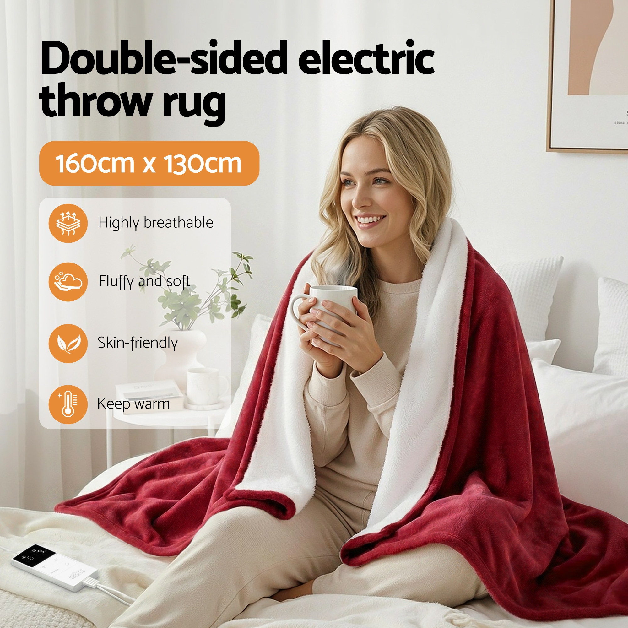 Giselle Electric Throw Rug Dual Side Fleece Flannel Heated Blanket Burgundy - Image 5
