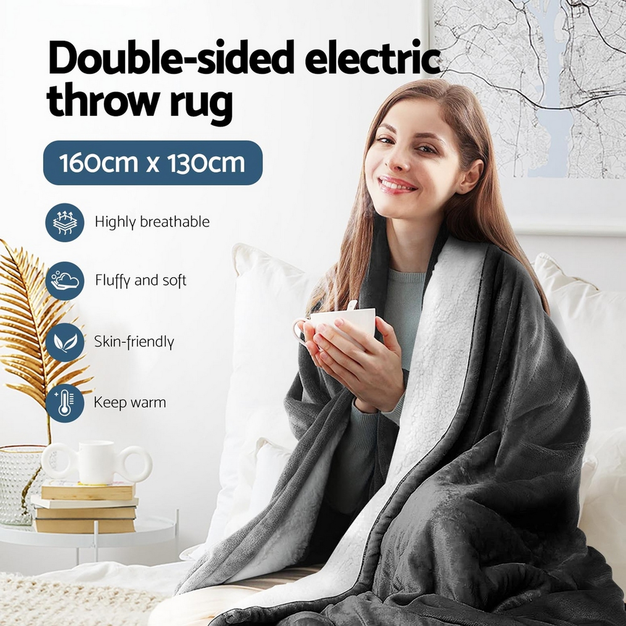 Giselle Electric Throw Rug Heated Blanket Washable Snuggle Flannel Winter Grey - Image 6