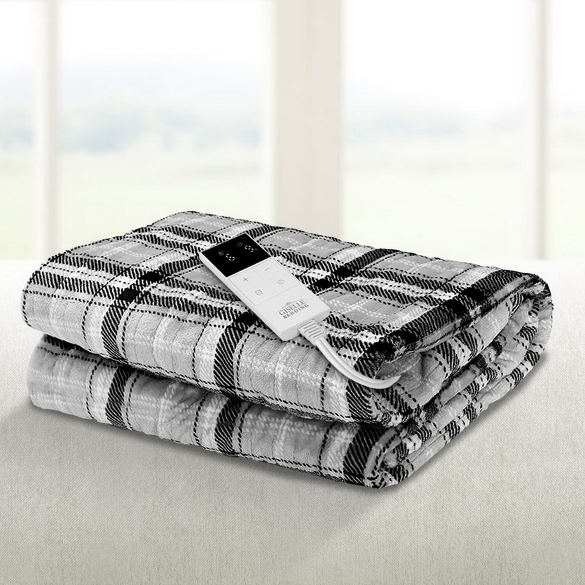 Giselle Bedding Electric Throw Rug Flannel Snuggle Blanket Washable Heated Grey and White Checkered - Image 1