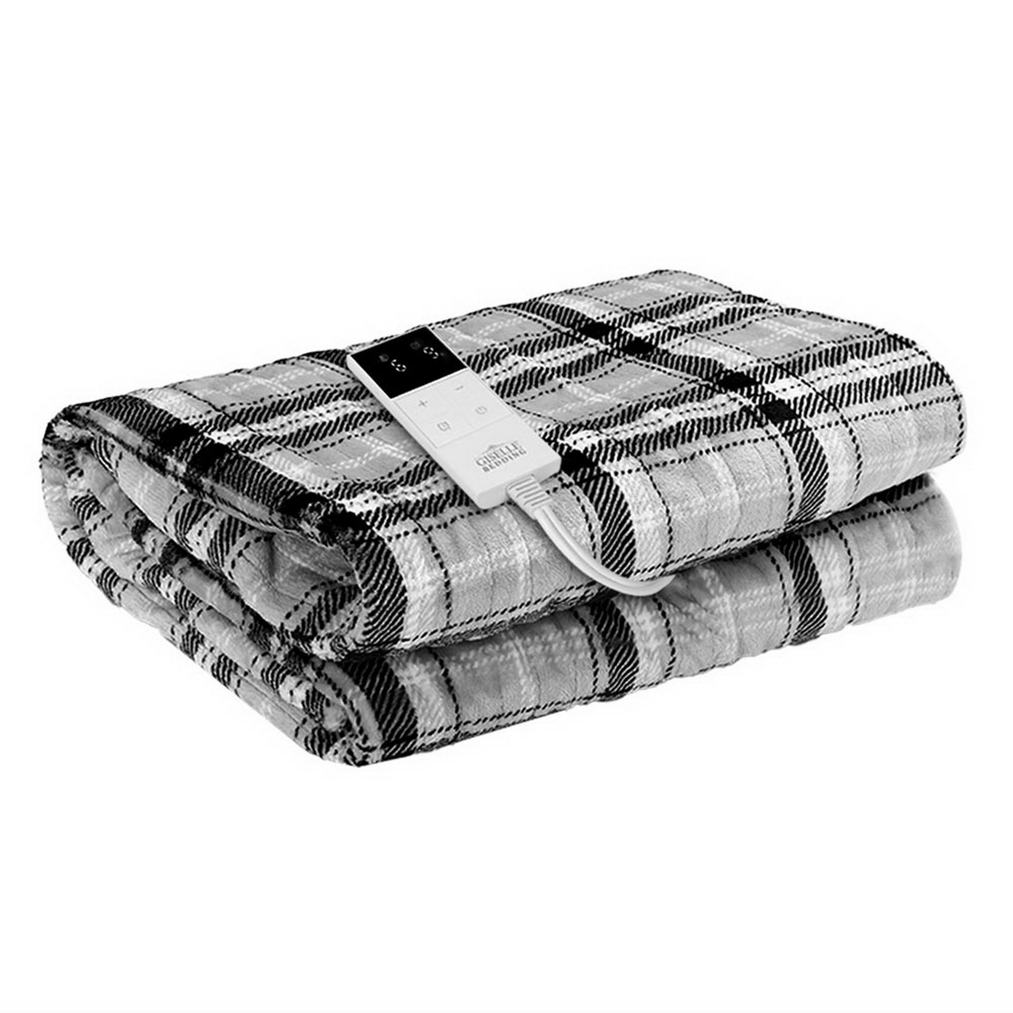 Giselle Bedding Electric Throw Rug Flannel Snuggle Blanket Washable Heated Grey and White Checkered - Image 2