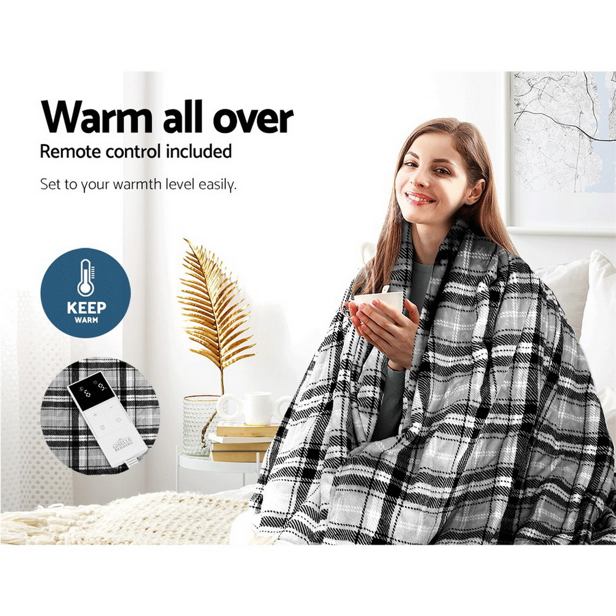 Giselle Bedding Electric Throw Rug Flannel Snuggle Blanket Washable Heated Grey and White Checkered - Image 4