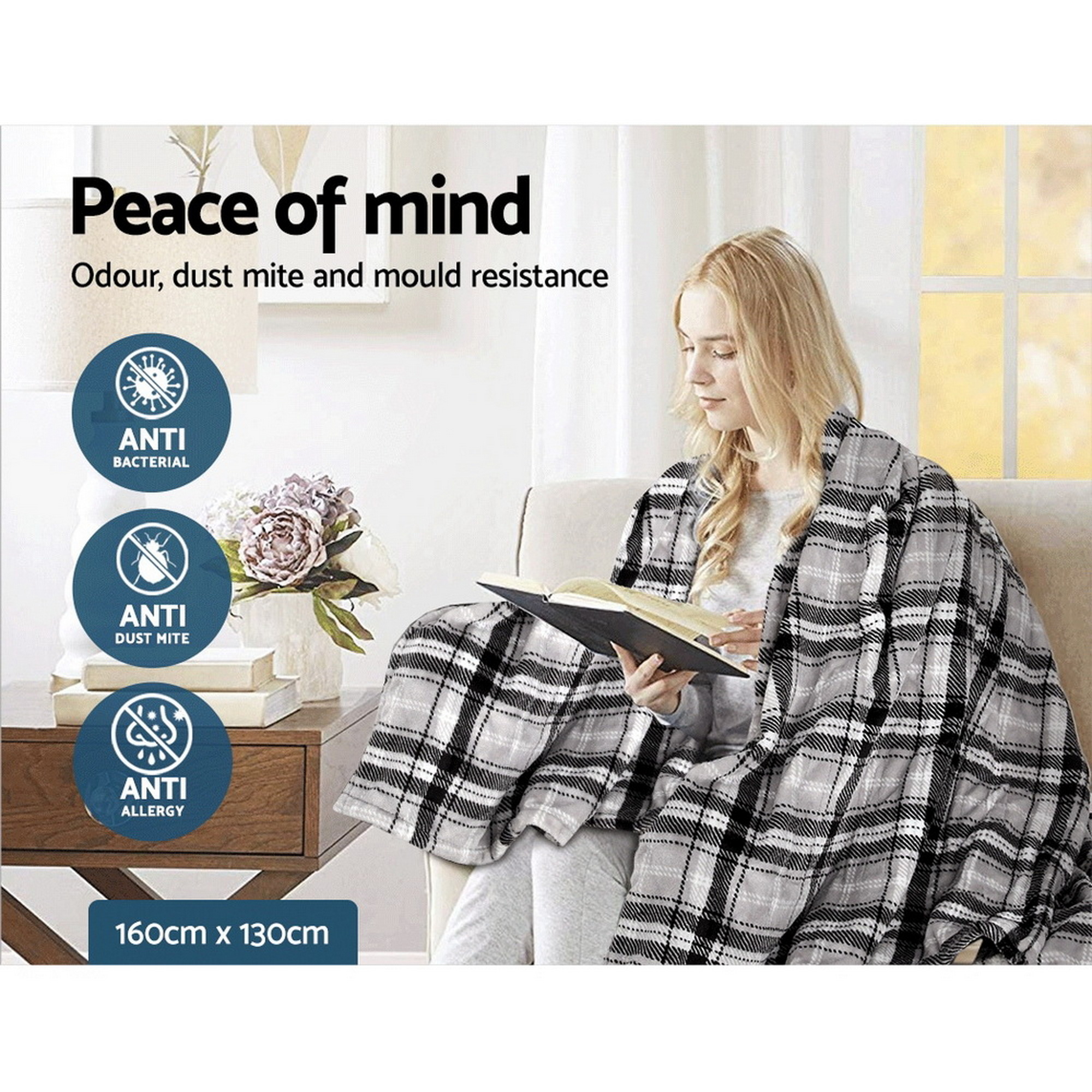 Giselle Bedding Electric Throw Rug Flannel Snuggle Blanket Washable Heated Grey and White Checkered - Image 8