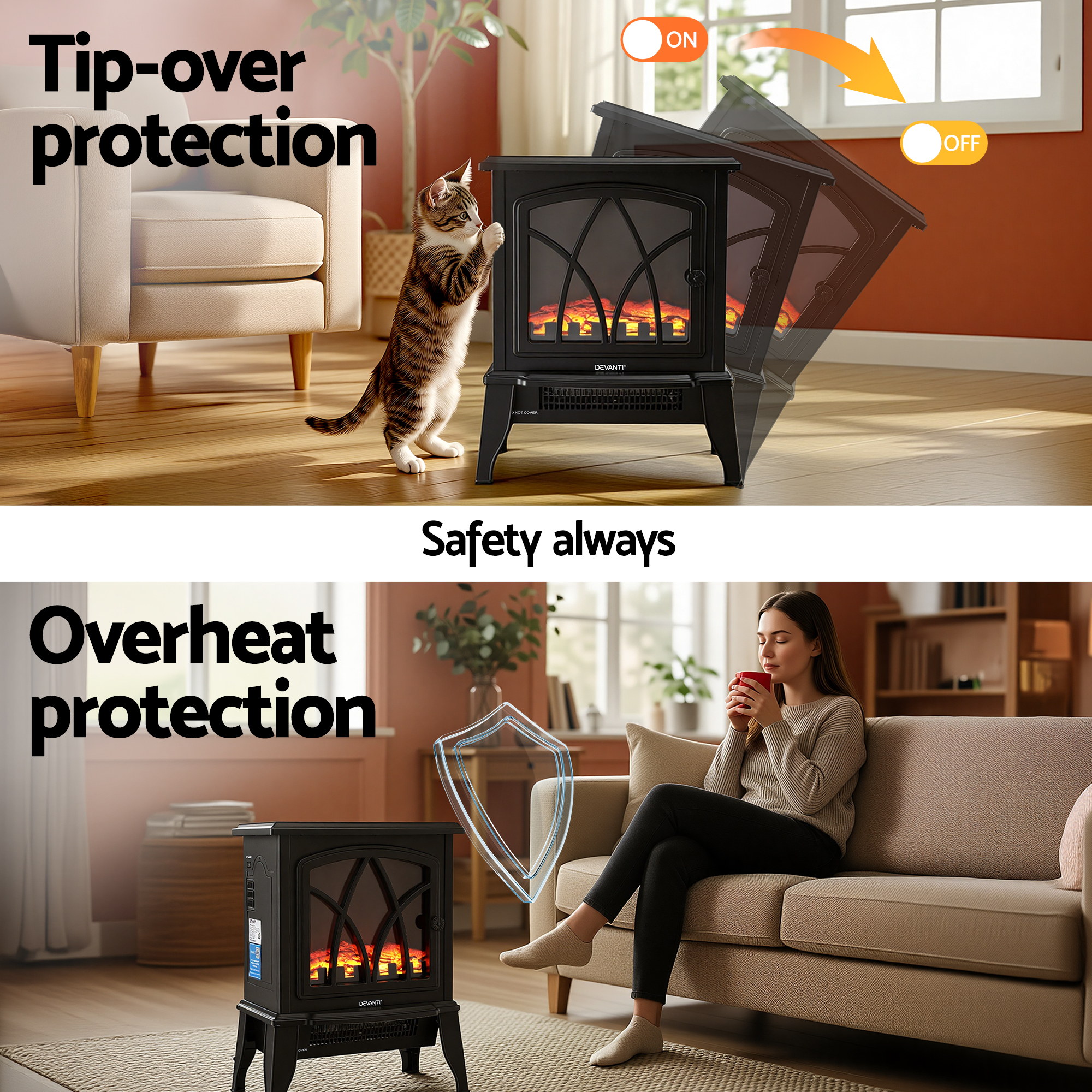 Devanti 2000W Electric Fireplace Heater Stove Freestanding 3D Flame Effect Indoor Space Heaters - Image 8