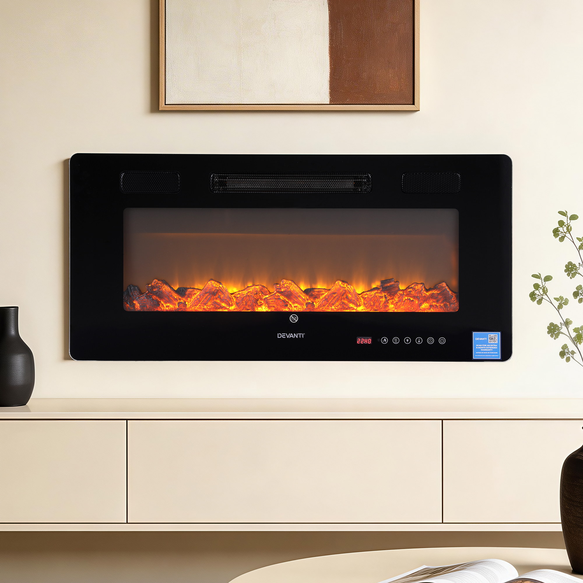 Devanti Electric Fireplace Fire Heater Wall Mounted Insert 3D Flame 1800W Remote Control - Image 1