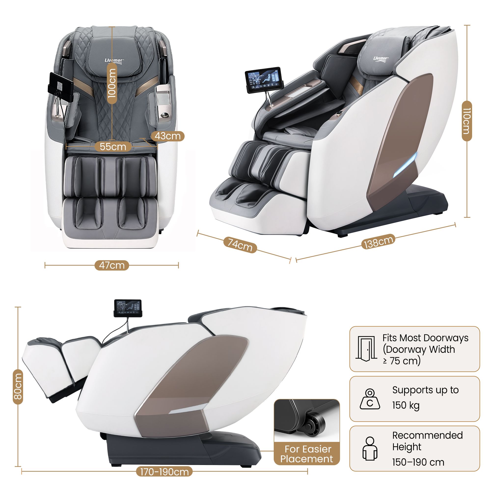 Livemor Prestige 4D Dual Mechanism Massage Chair, Full Body Zero Gravity Recliner with Extended SL Track, Body Scan, Air Compression, Waist Heating, Foot Rollers, Voice Control & Wireless Charging - Image 2