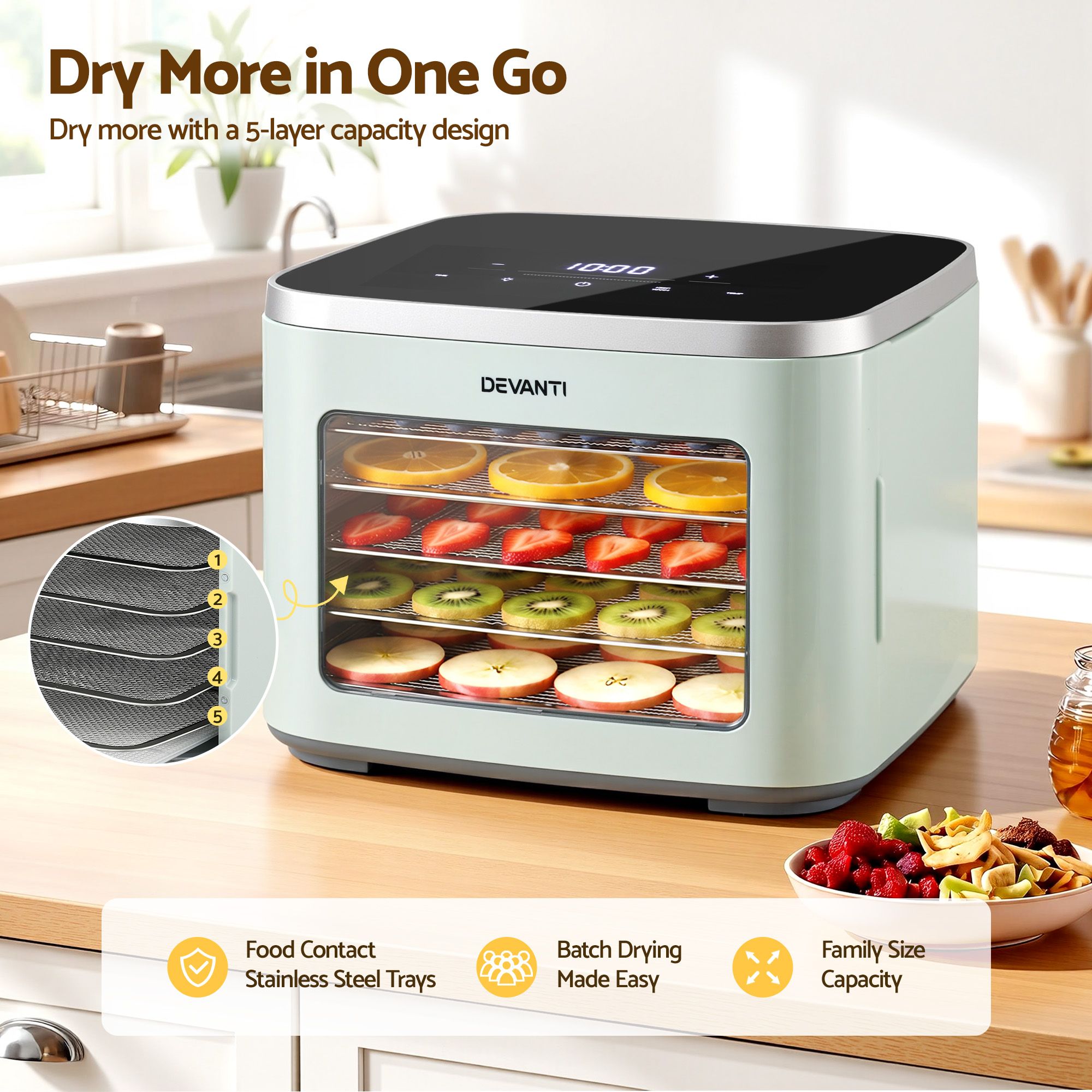 Devanti Food Dehydrator Machine 5 Tray Mini Fruit Dryer Maker Green - Image 4