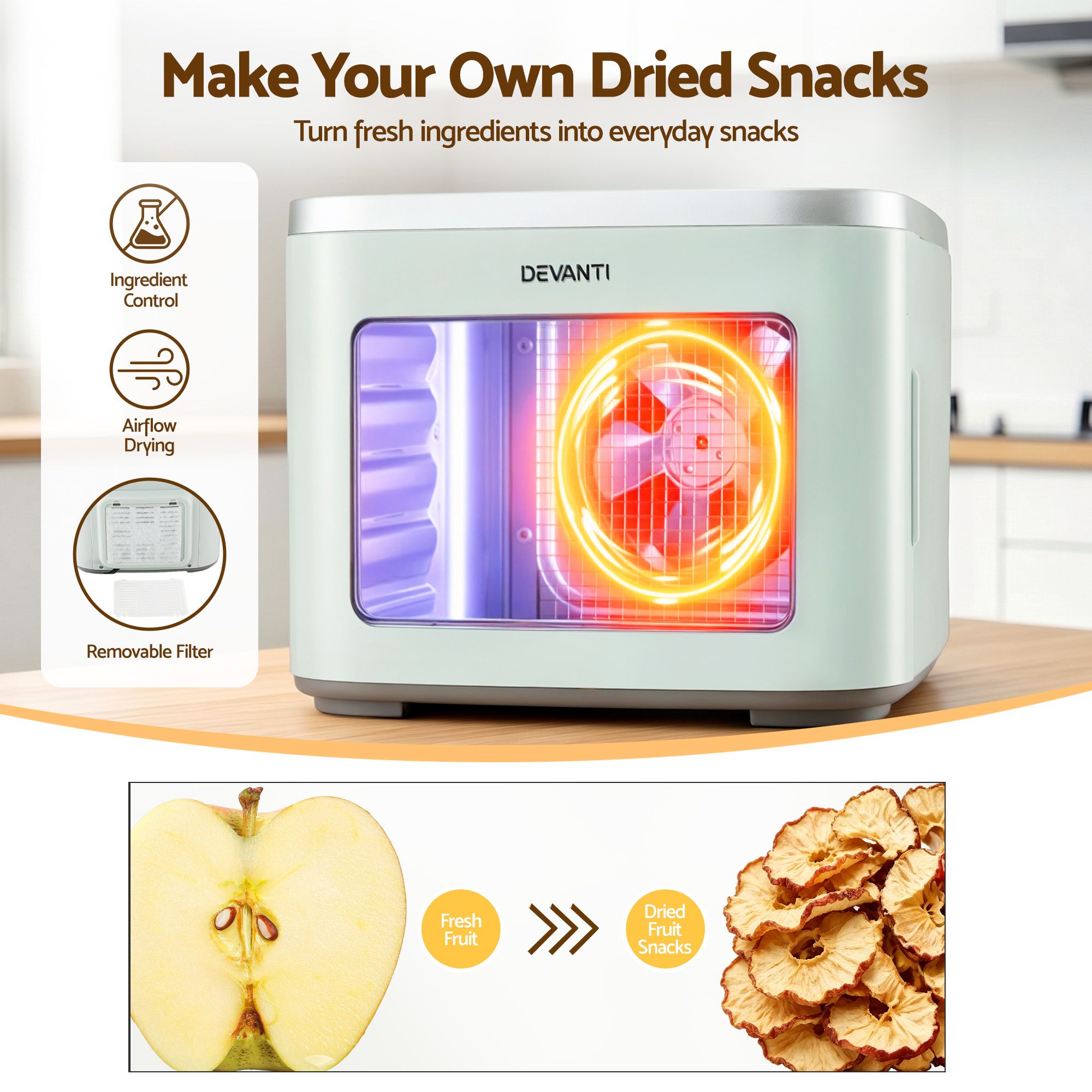 Devanti Food Dehydrator Machine 5 Tray Mini Fruit Dryer Maker Green - Image 8