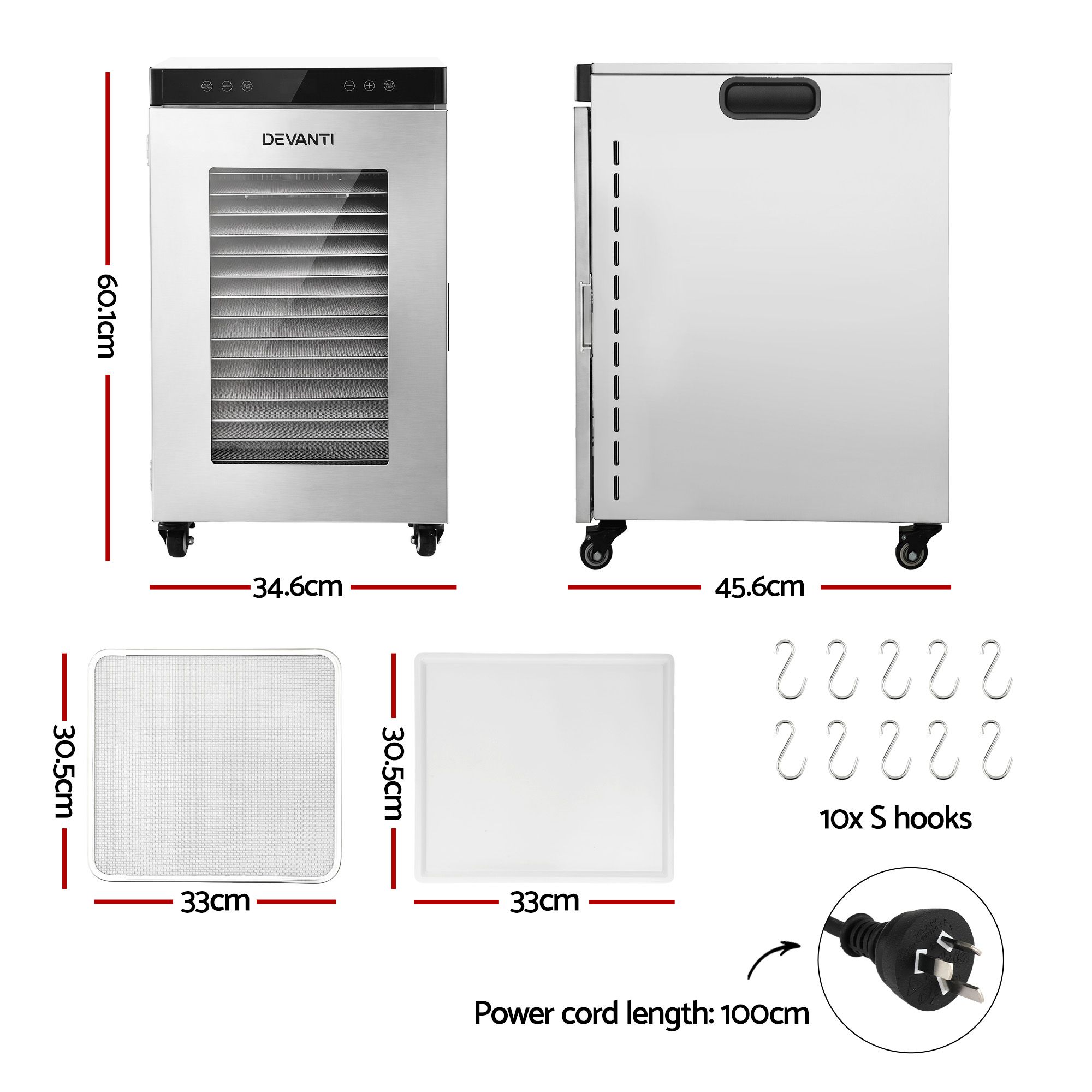 Devanti Food Dehydrator Stainless Steel Fruit Dryer 16 Tray Silver - Image 2