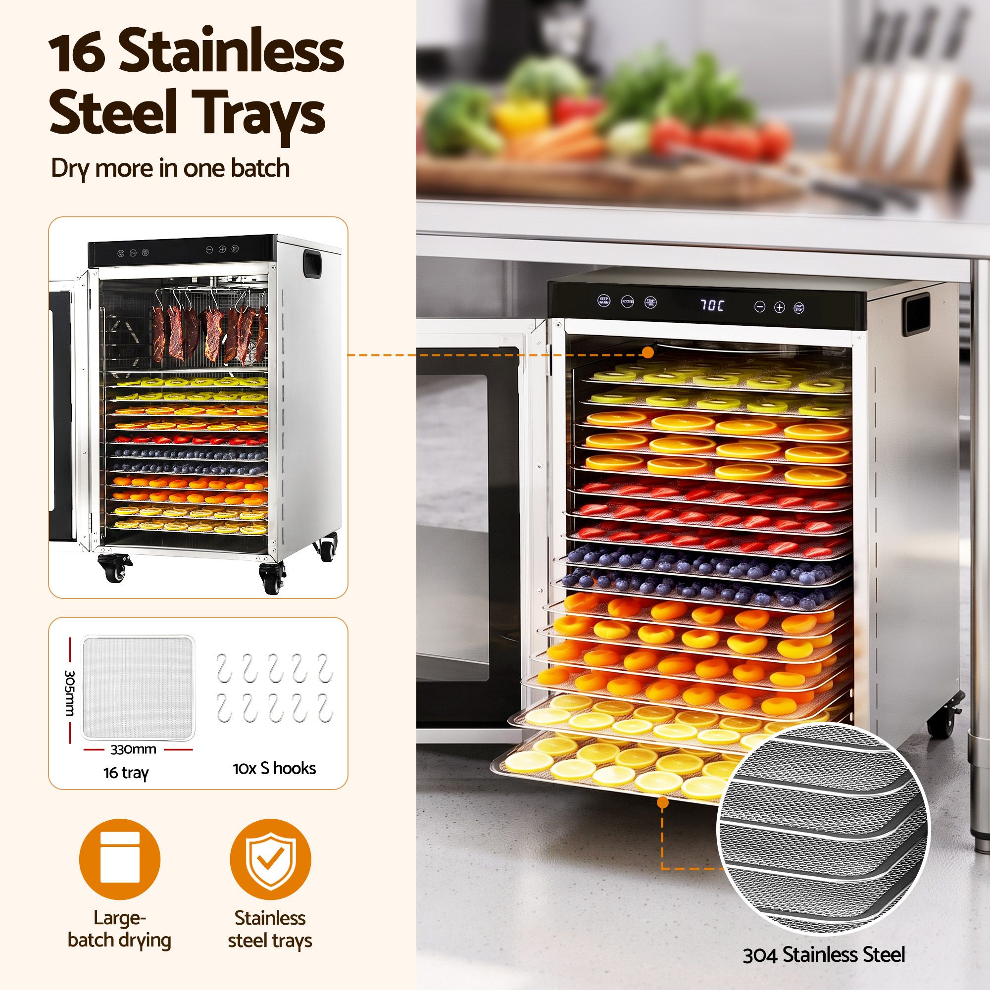 Devanti Food Dehydrator Stainless Steel Fruit Dryer 16 Tray Silver - Image 4