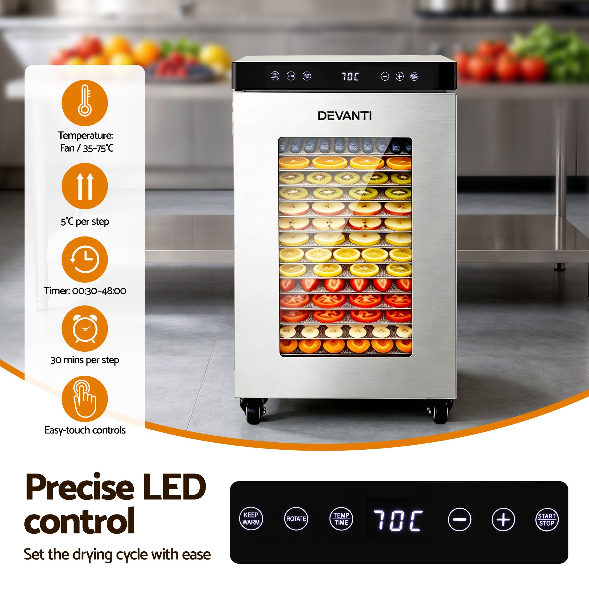 Devanti Food Dehydrator Stainless Steel Fruit Dryer 16 Tray Silver - Image 5