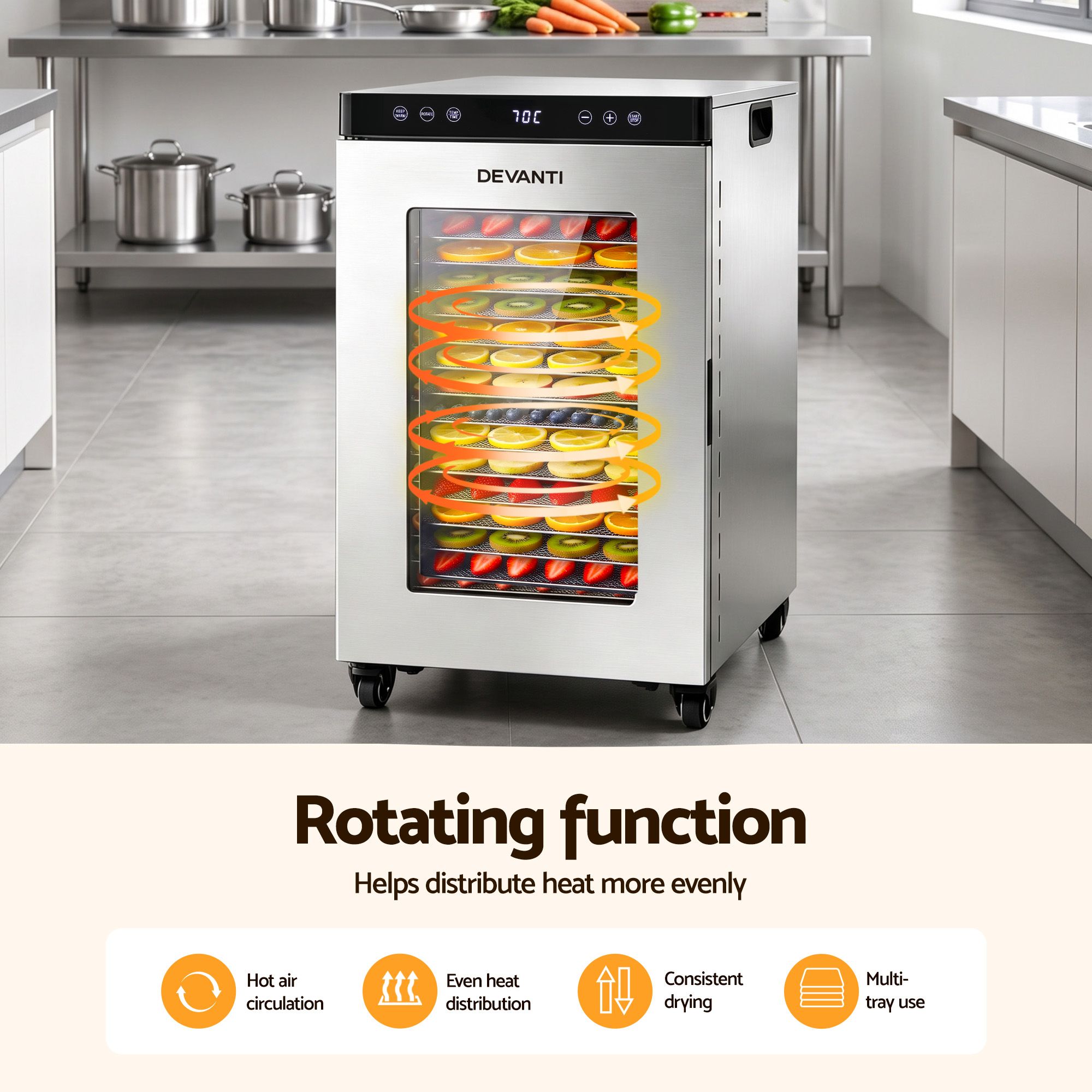 Devanti Food Dehydrator Stainless Steel Fruit Dryer 16 Tray Silver - Image 6