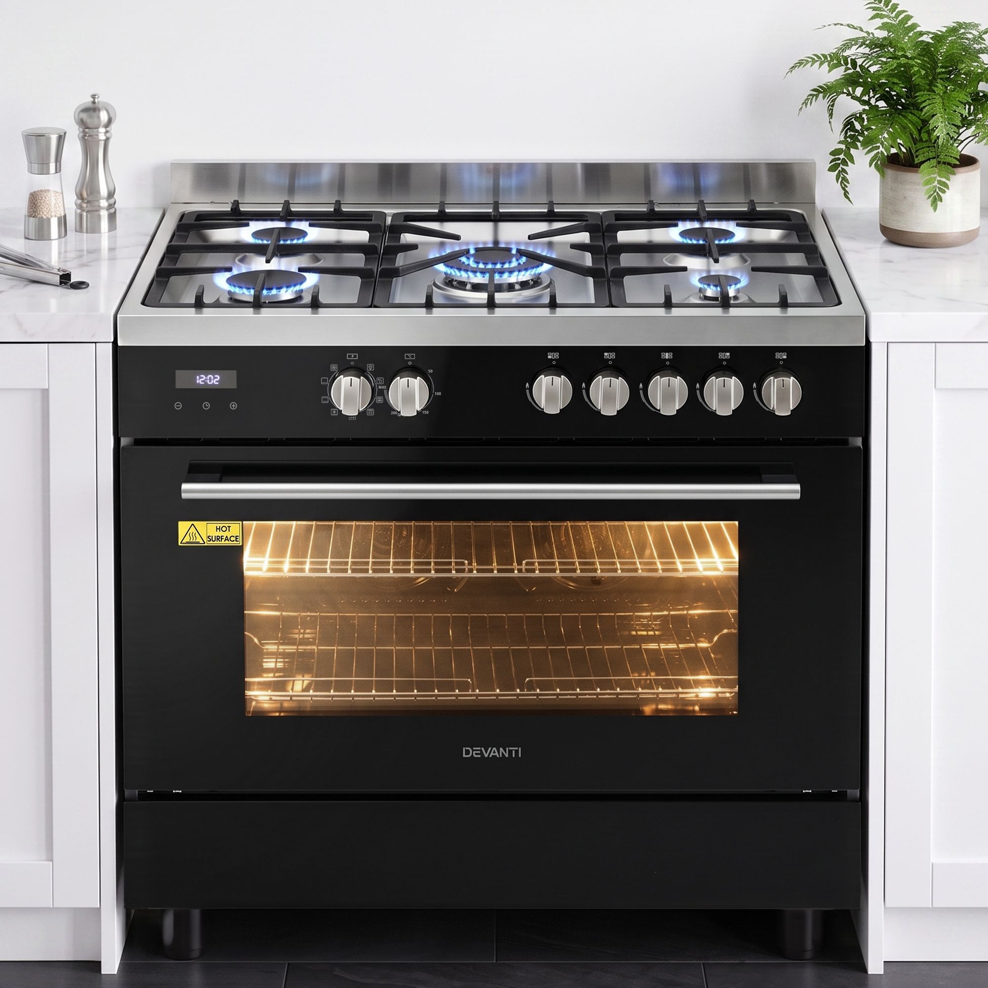 Devanti 90cm Dual Fuel Cooker Gas Cooktop Electric Oven 5 Burner - Image 1