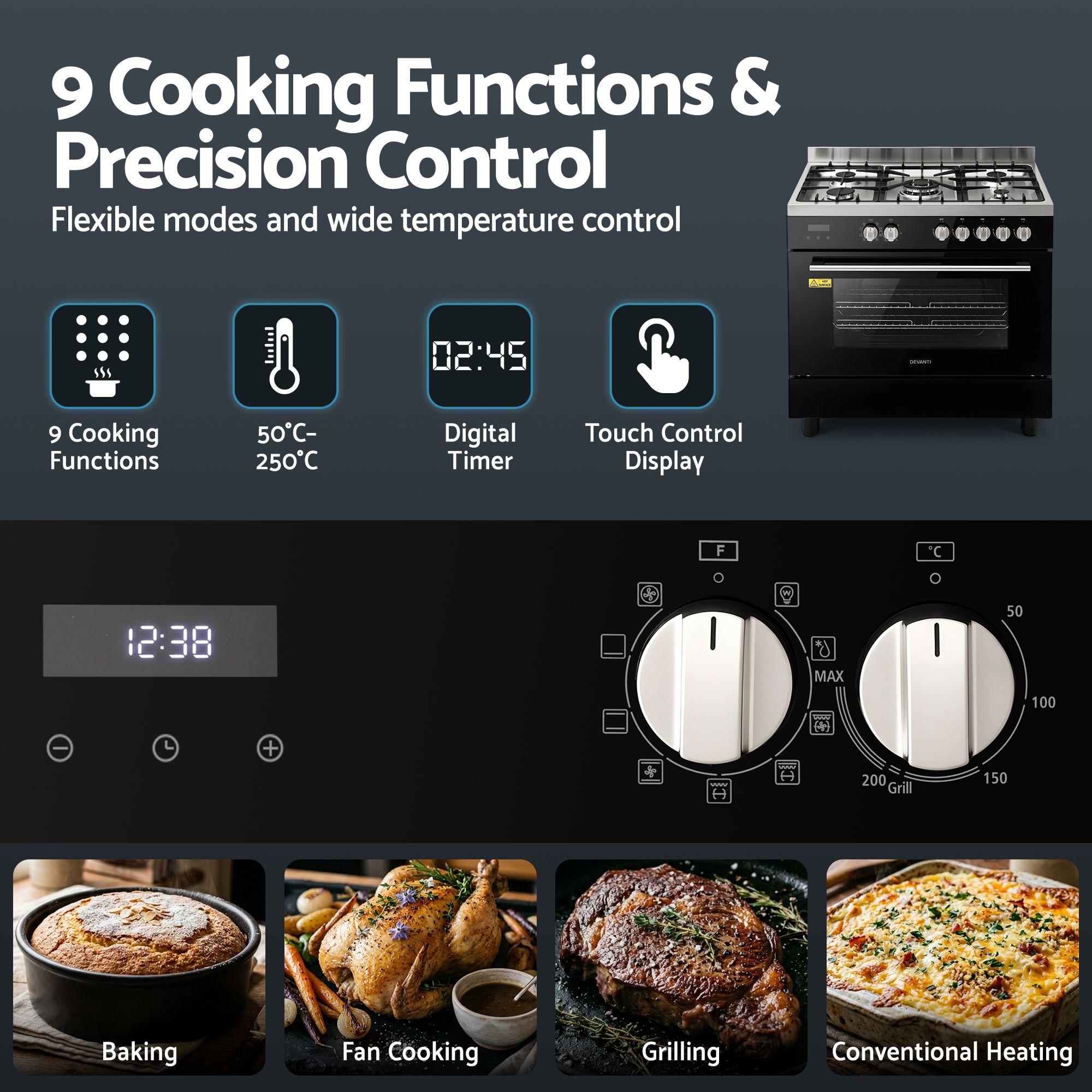 Devanti 90cm Dual Fuel Cooker Gas Cooktop Electric Oven 5 Burner - Image 6